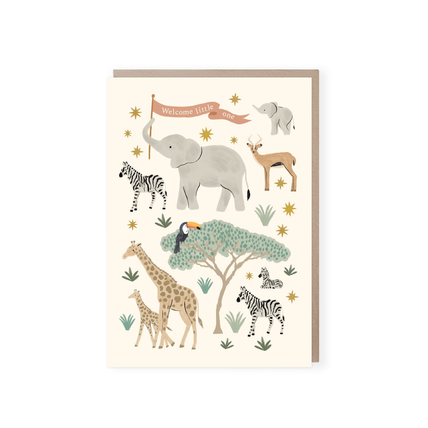 An off white card with n elephant holding a long pink/brown flag with white writing saying "welcome little one" at the top of the card with animals from our pretty Serengeti collection around them with trees, gold stars and foliage. Featuring zebras, antelope, giraffes and elephants. Comes with a brown kraft envelope