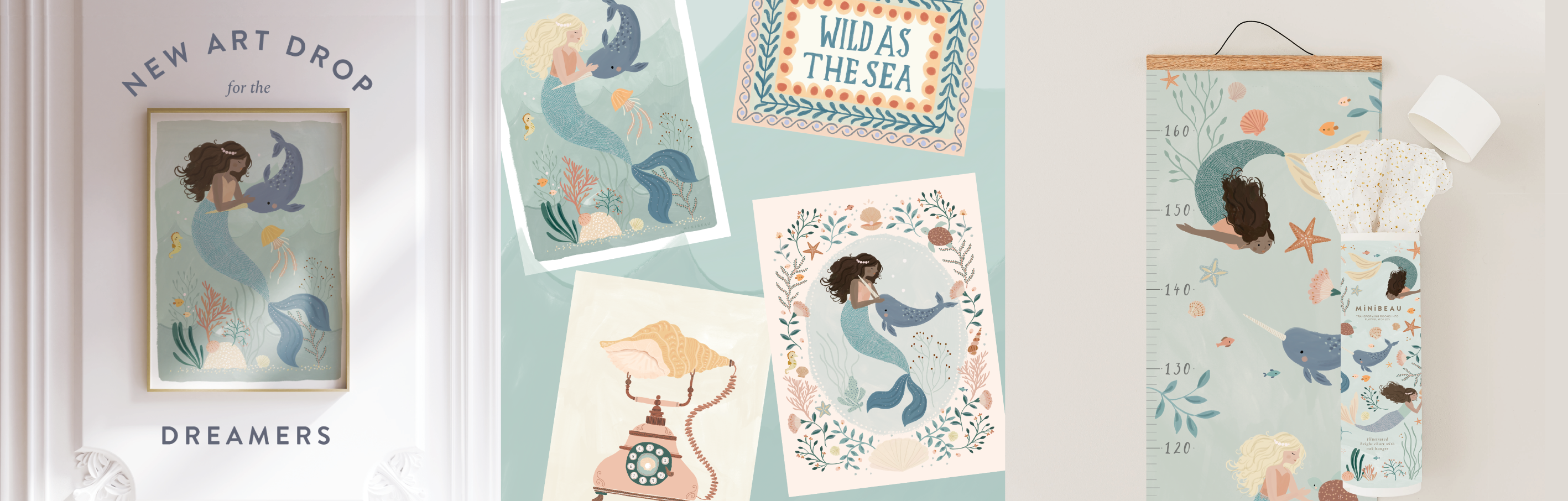 Banner showing our days at the bay art prints and mermaid height chart.