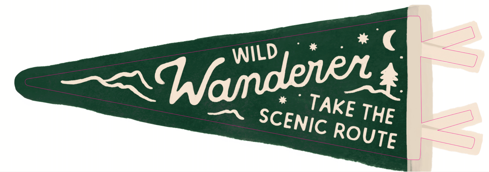 Large green long horizontal pennant flag fabric wall decal. On the green background are line drawn mountains, stars and moons, a fir tree and "Wild wanderer take the scenic route" on it in cream. The vertical edge on the right has a cream border with fine red line detail