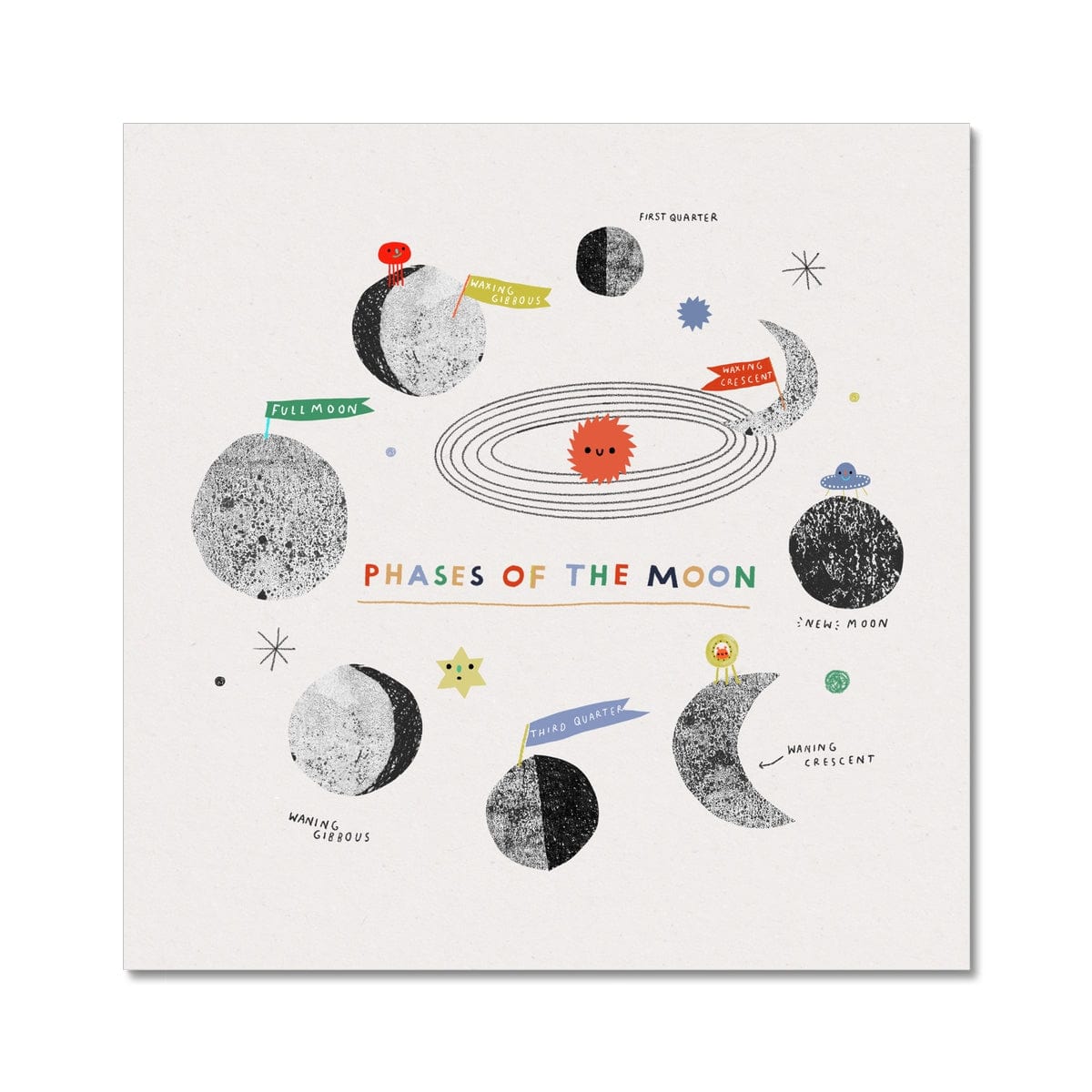 Light grey square art print showing the phases of the moon, with mini stars and UFO's.