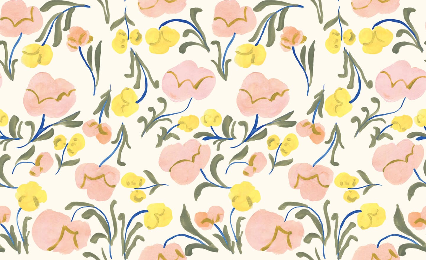 Floral wallpaper with pink and yellow flowers, blue stems and green leaves