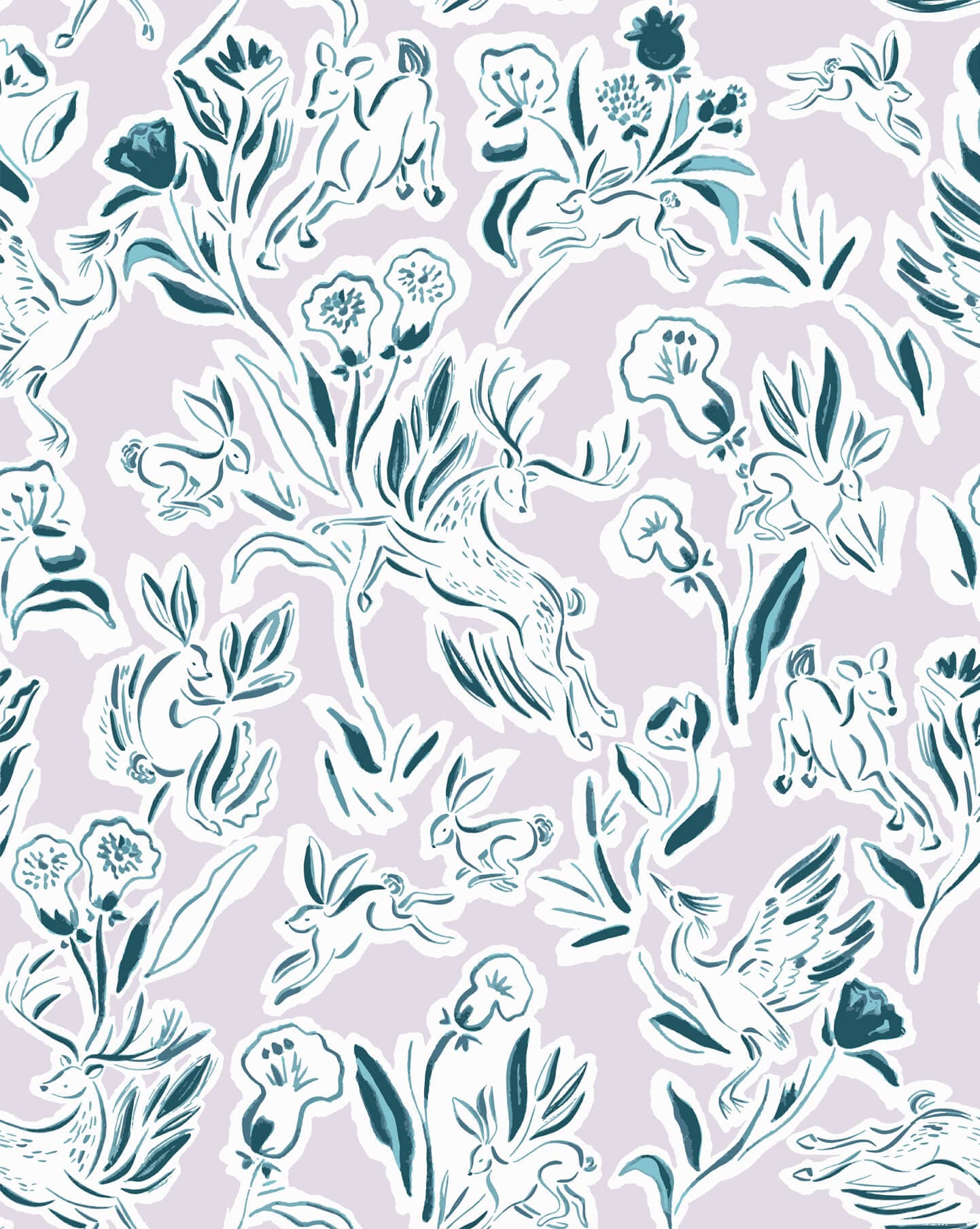 Wallpaper sample of teal deers, rabbits and flowers with a pastel purple background.