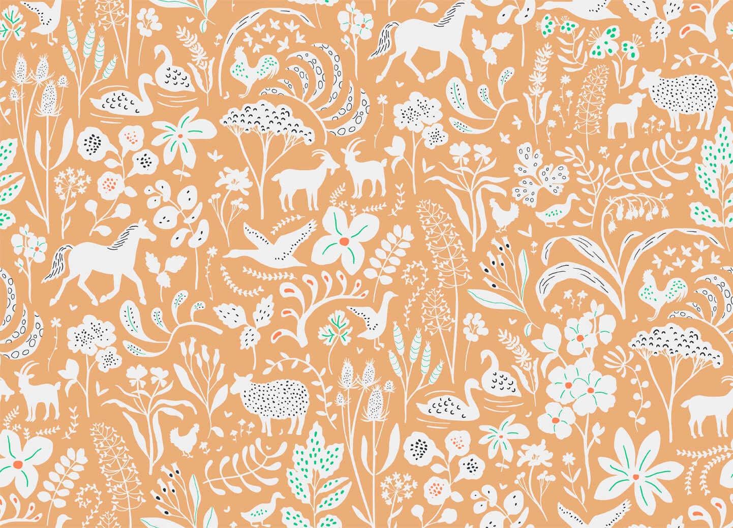 Wallpaper of white coloured flowers, leaves, swans, chickens, deers, ducks with a Ochre orange background.
