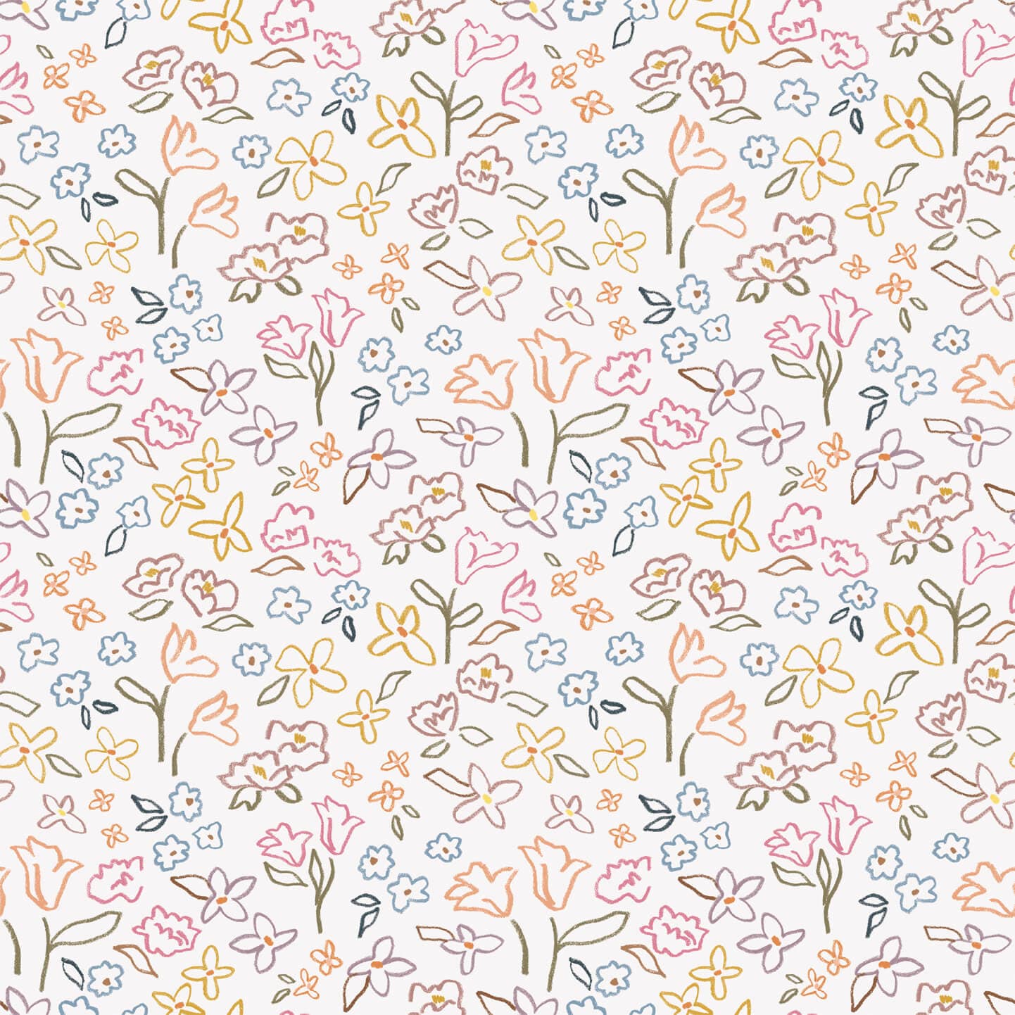 Wallpaper of flowers in coral, green, yellow, blue and pink in a crayon drawn style.