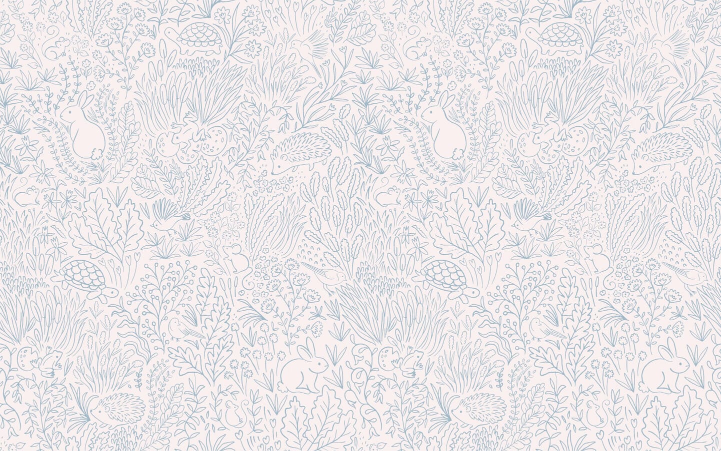 Wallpaper of blue line work animals and florals such as rabbits, hedgehogs, frogs, tortoise, mice and birds.