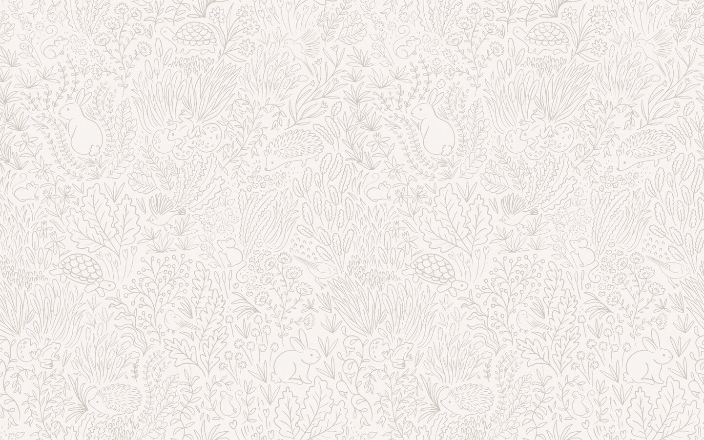 Wallpaper of Grey line work animals and florals such as rabbits, hedgehogs, frogs, tortoise, mice and birds.