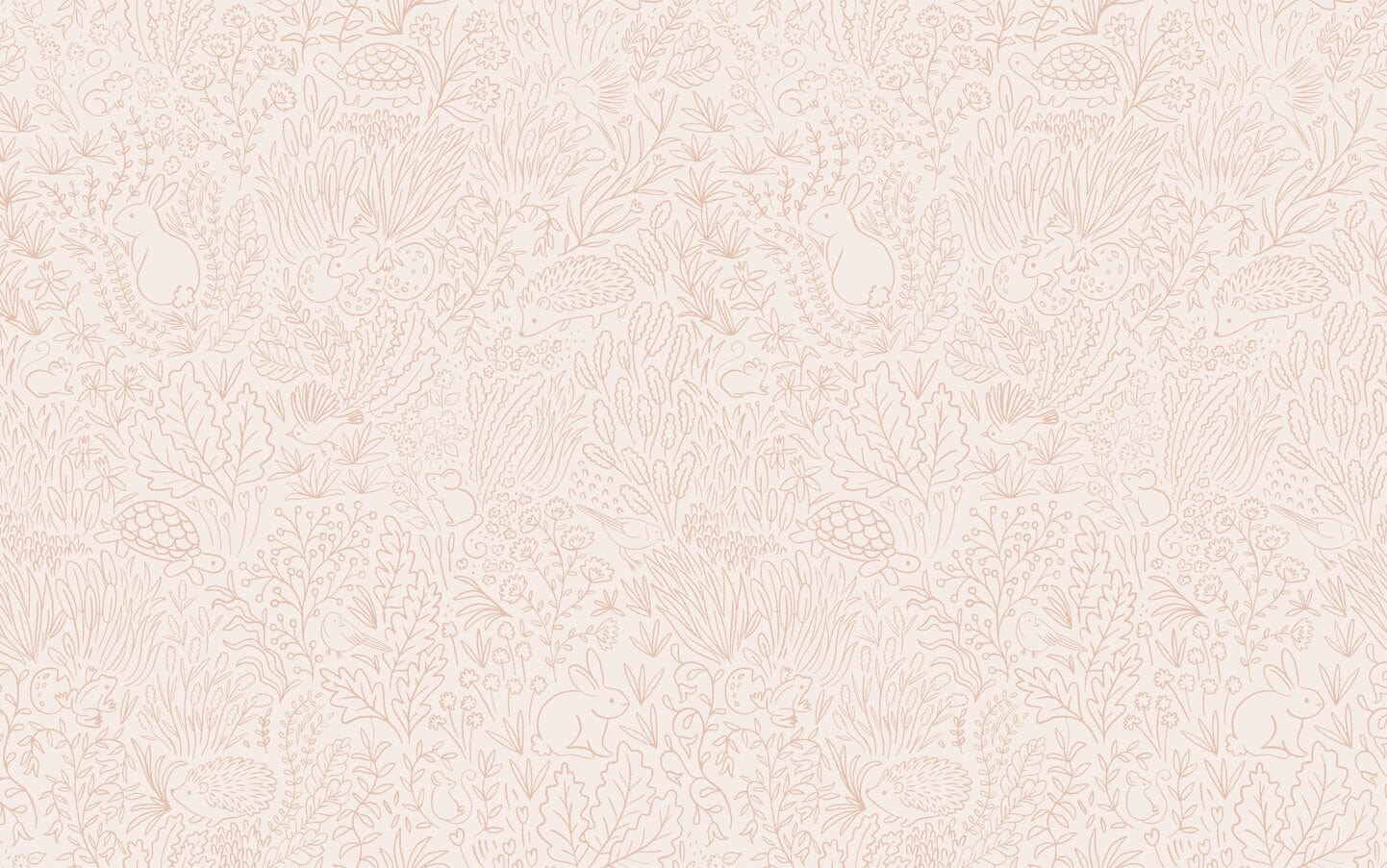 Wallpaper of Orange line work animals and florals such as rabbits, hedgehogs, frogs, tortoise, mice and birds.