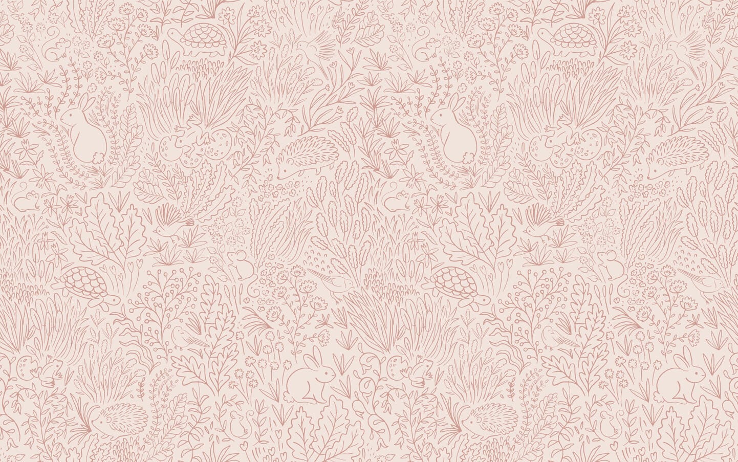 Wallpaper of pink line work animals and florals such as rabbits, hedgehogs, frogs, tortoise, mice and birds.