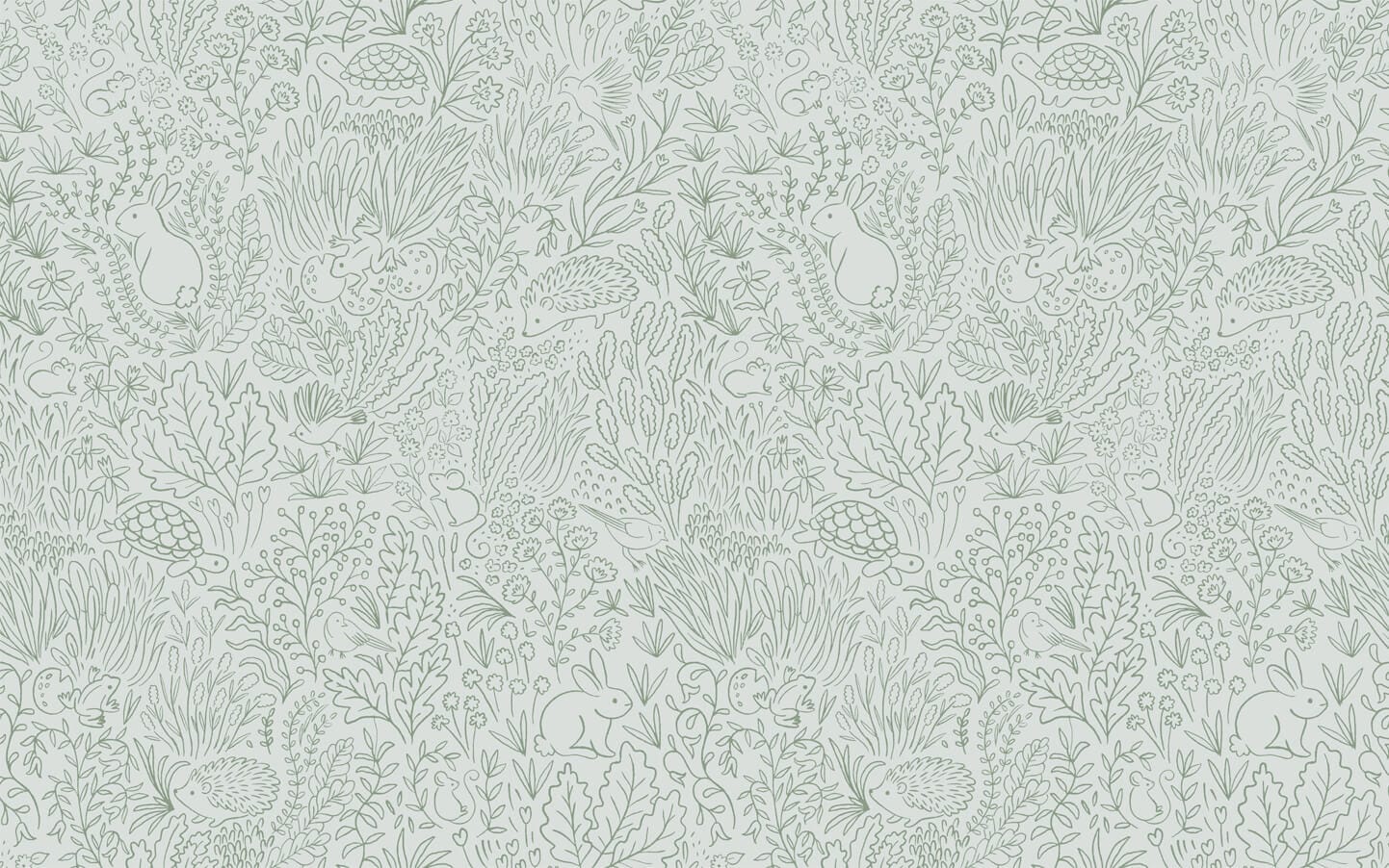 Wallpaper of sage green line work animals and florals such as rabbits, hedgehogs, frogs, tortoise, mice and birds.