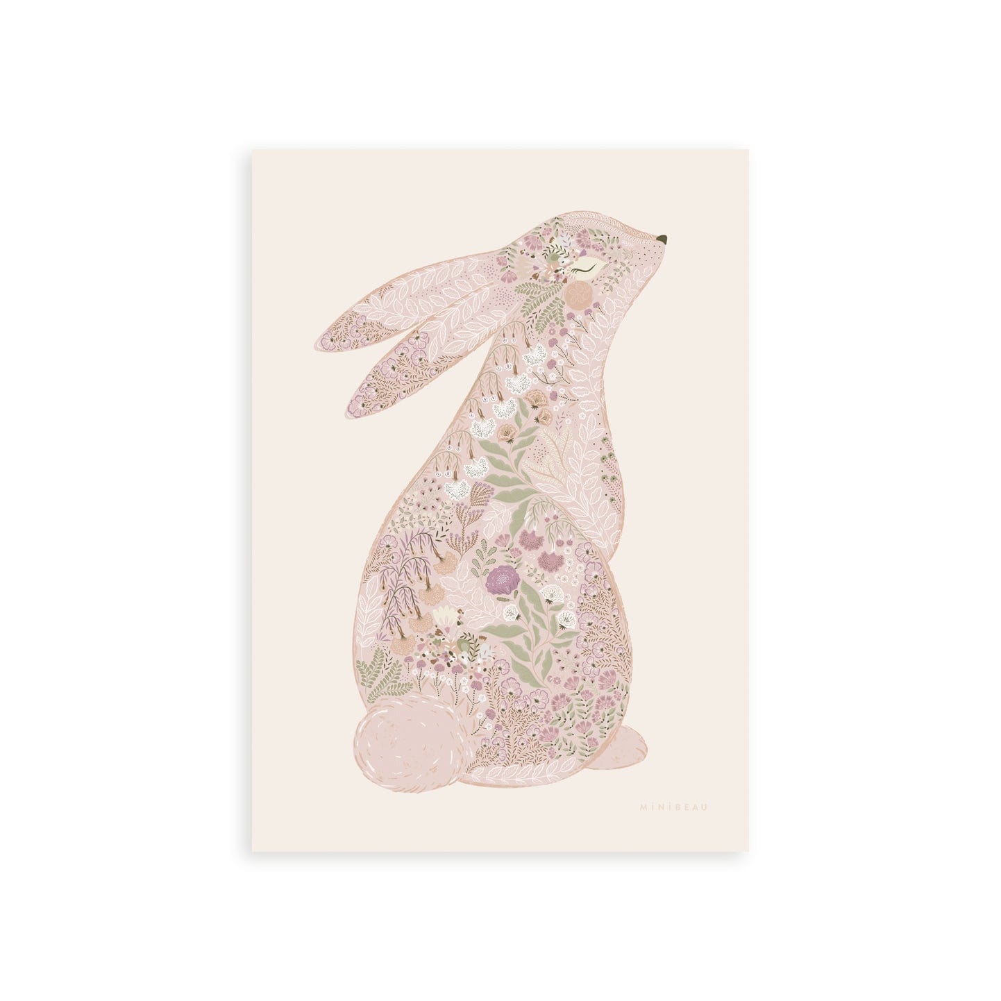 Our Floral Bunny Art Print in Pink features a cute bunny sitting up with its back facing out so we can see it's tail, and it's head slightly turned towards the front so it's eye and nose can be seen. The Bunny has been drawn with ornate blooms and foliage filling it in, in Pinks and greens, on a neutral background.