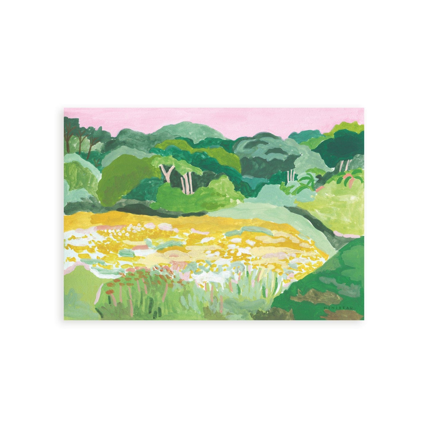 Hand painting landscape painting of a beautiful countryside meadow with flowers in bloom, full flowing trees and a pretty pink sunset in the background.