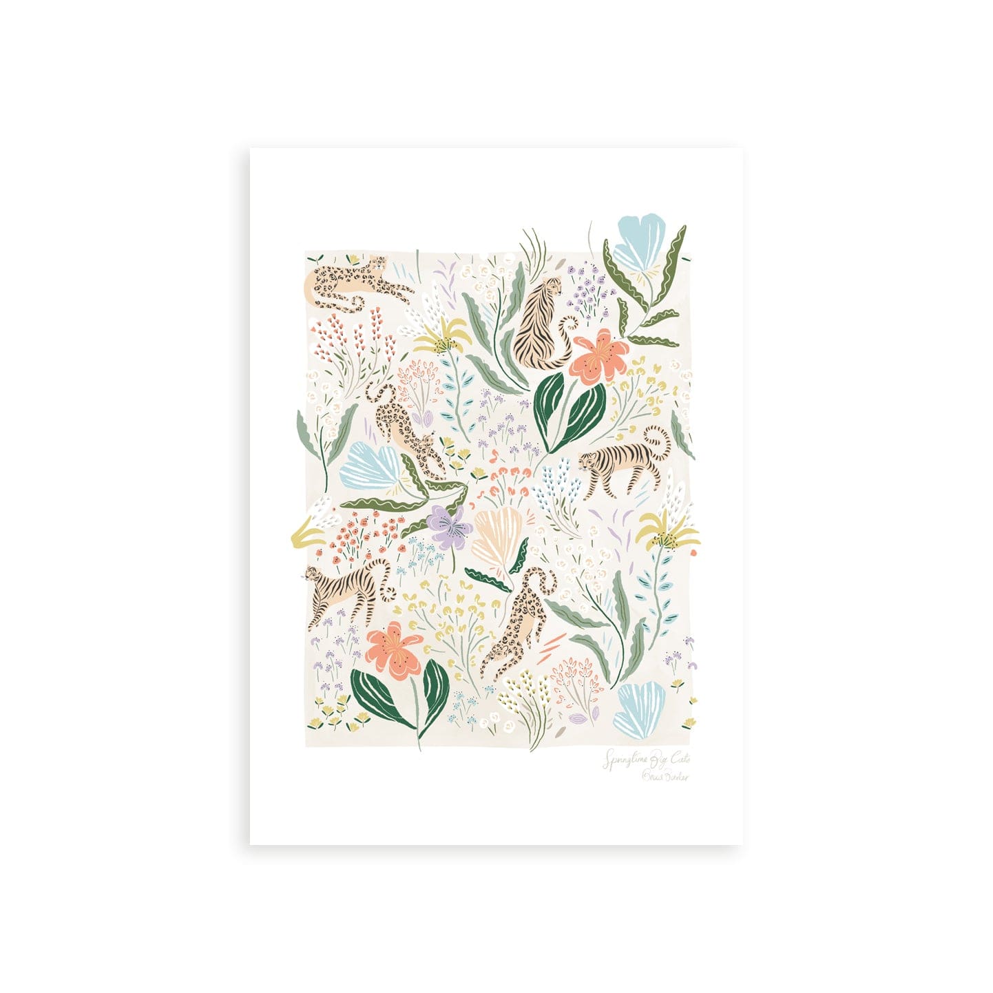 Our Springtime Big Cats art print features dainty florals in pinks, corals, and purples, with lush folliage with tigers and leopards in amongst the plants, with a white border.