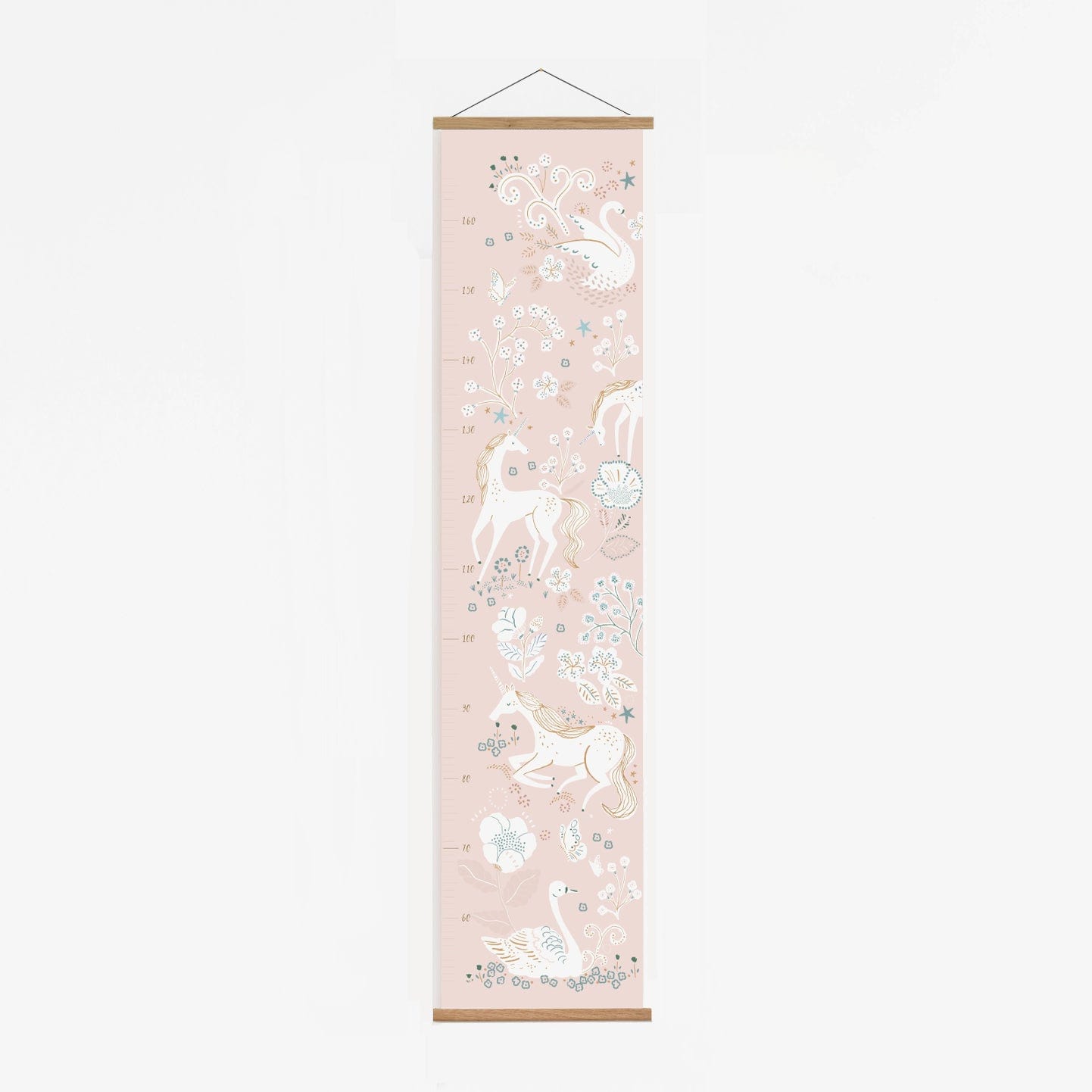 A pink height chart in a solid oak hanger, featuring delicately drawn elegant unicorns and swans in crowns. with floral and foliage detail