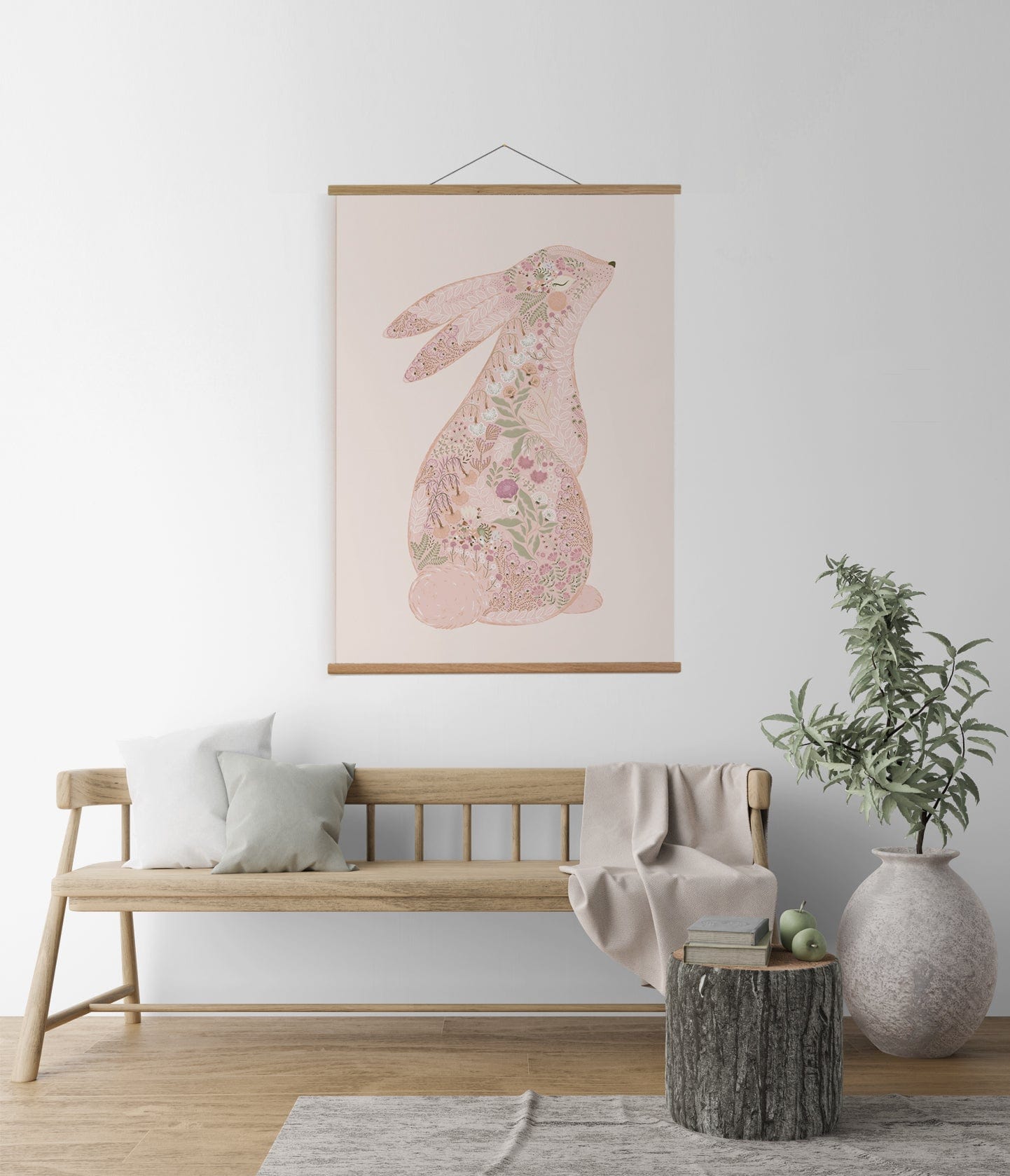 Floral inspired pink bunny art wall hanging with oak wood hanging apparatus