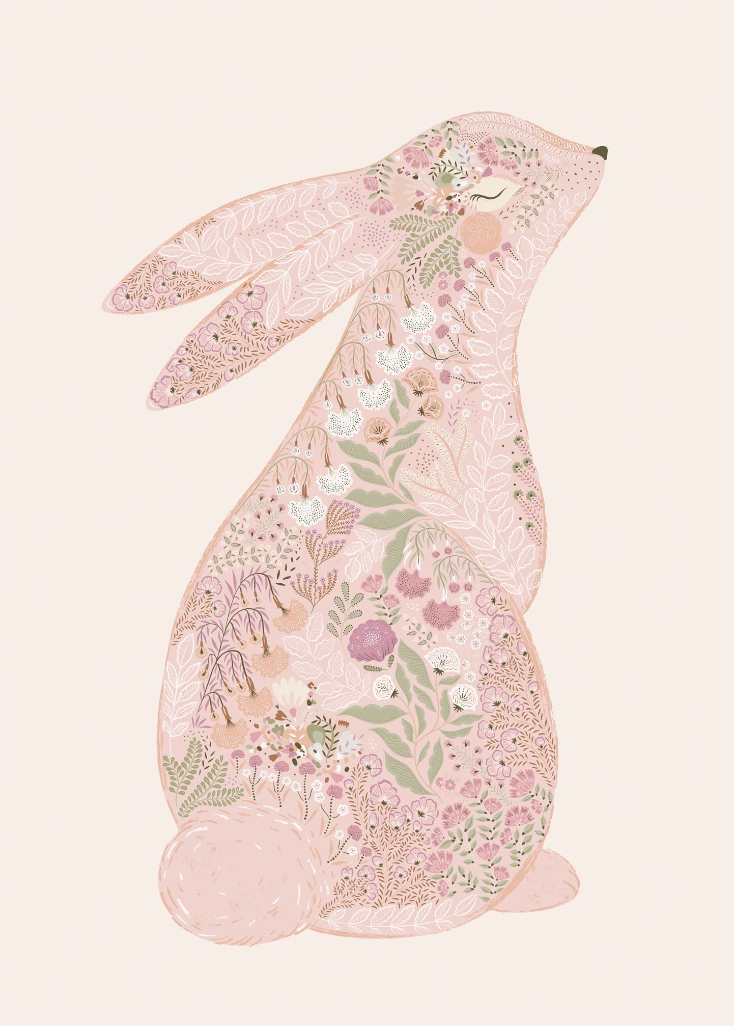 Floral inspired pink bunny art wall hanging with oak wood hanging apparatus