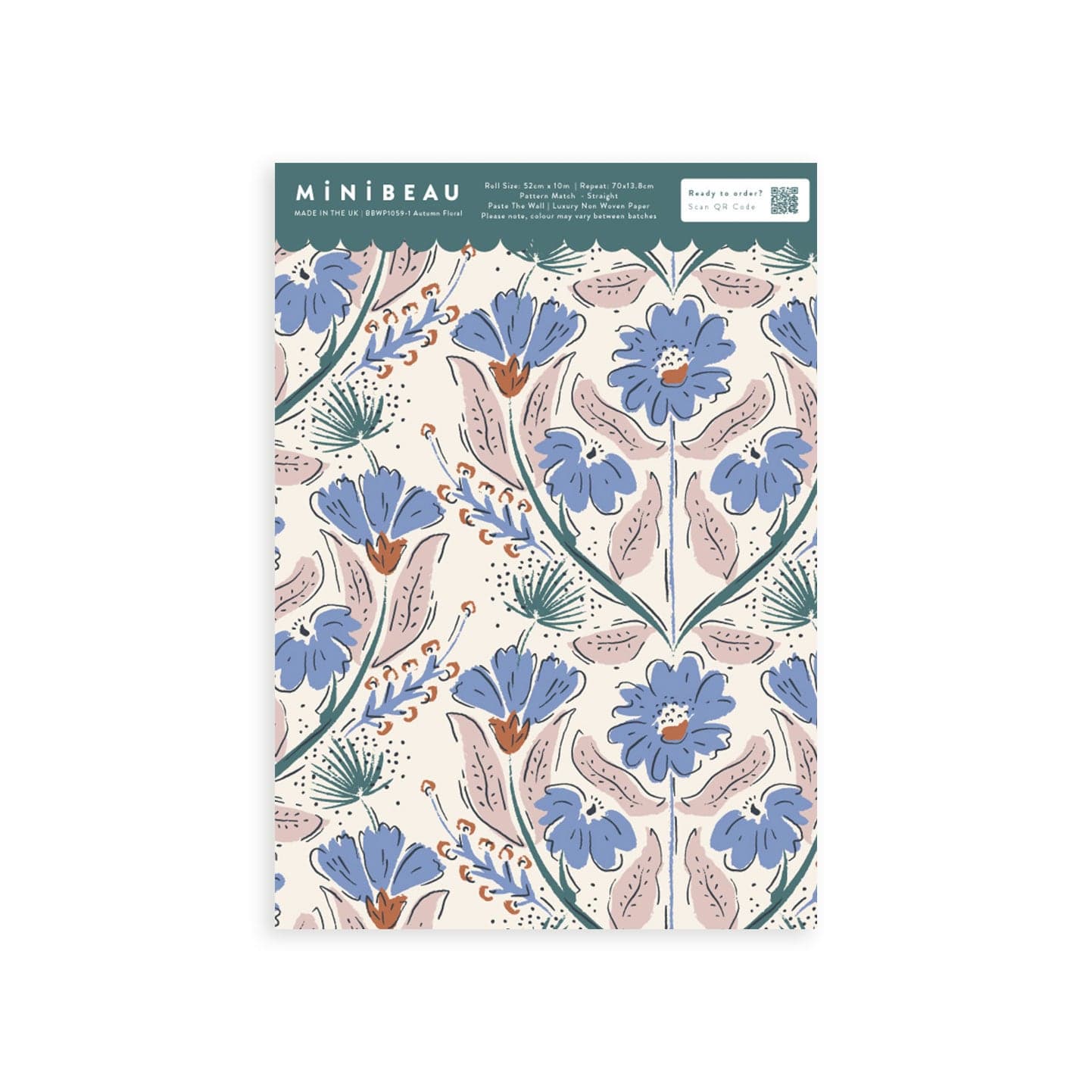 Wallpaper sample blue flowers, pink leaves and green leaves