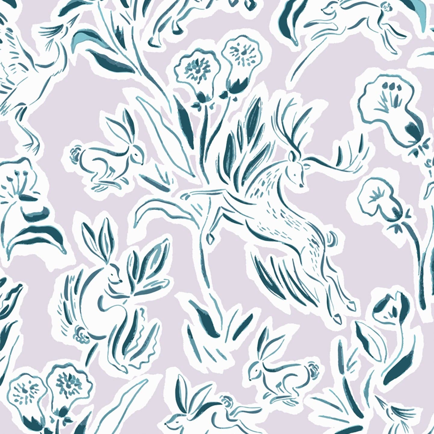 Wallpaper sample of teal deers, rabbits and flowers with a pastel purple background.