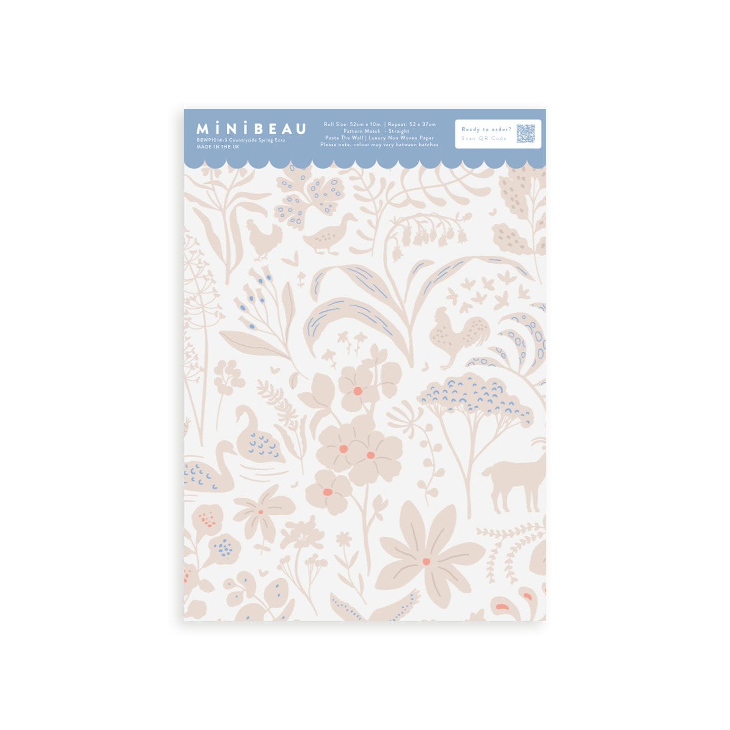Wallpaper sample of ecru coloured flowers, leaves, swans, chickens, deers, ducks with a white background.