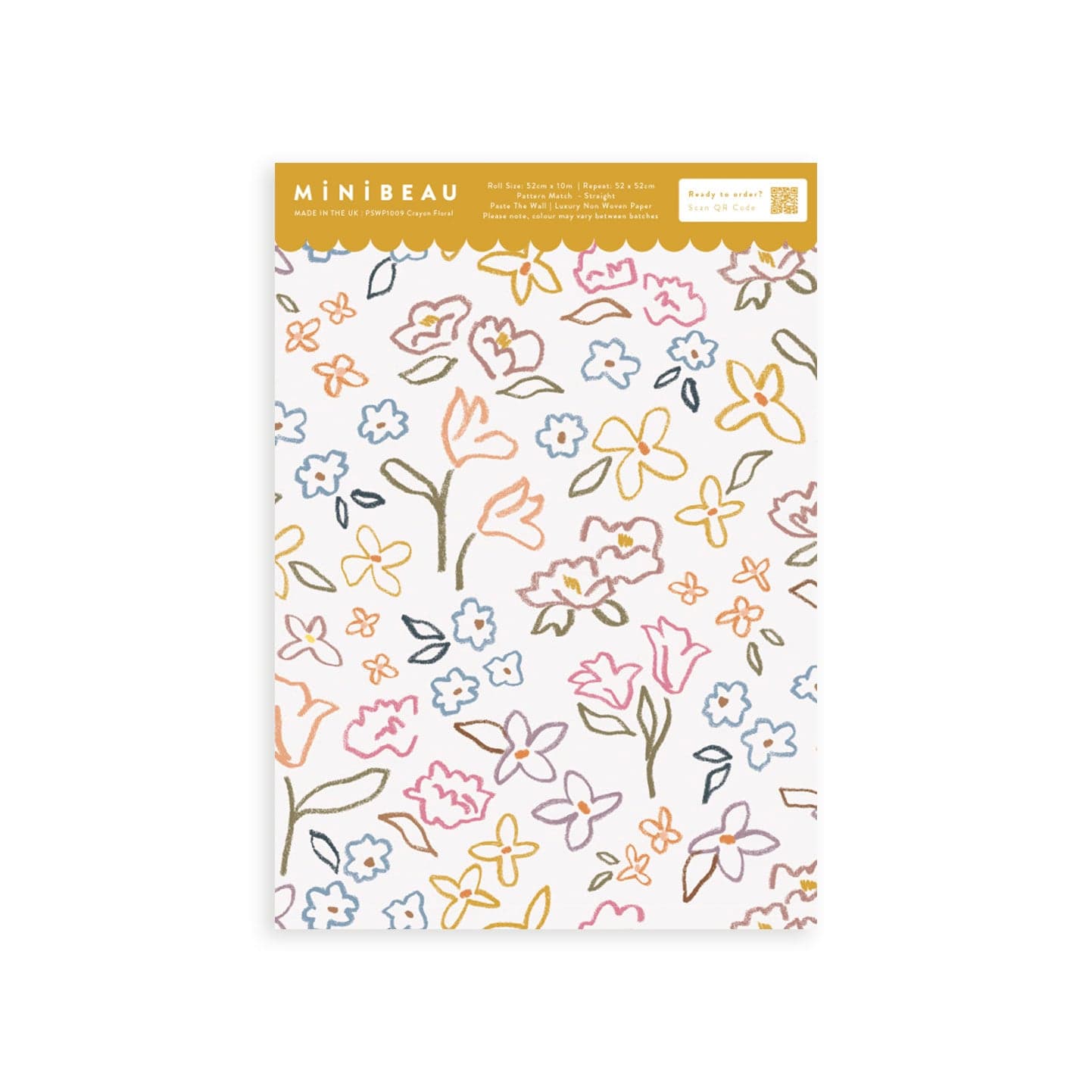 Wallpaper sample of flowers in coral, green, yellow, blue and pink in a crayon drawn style.