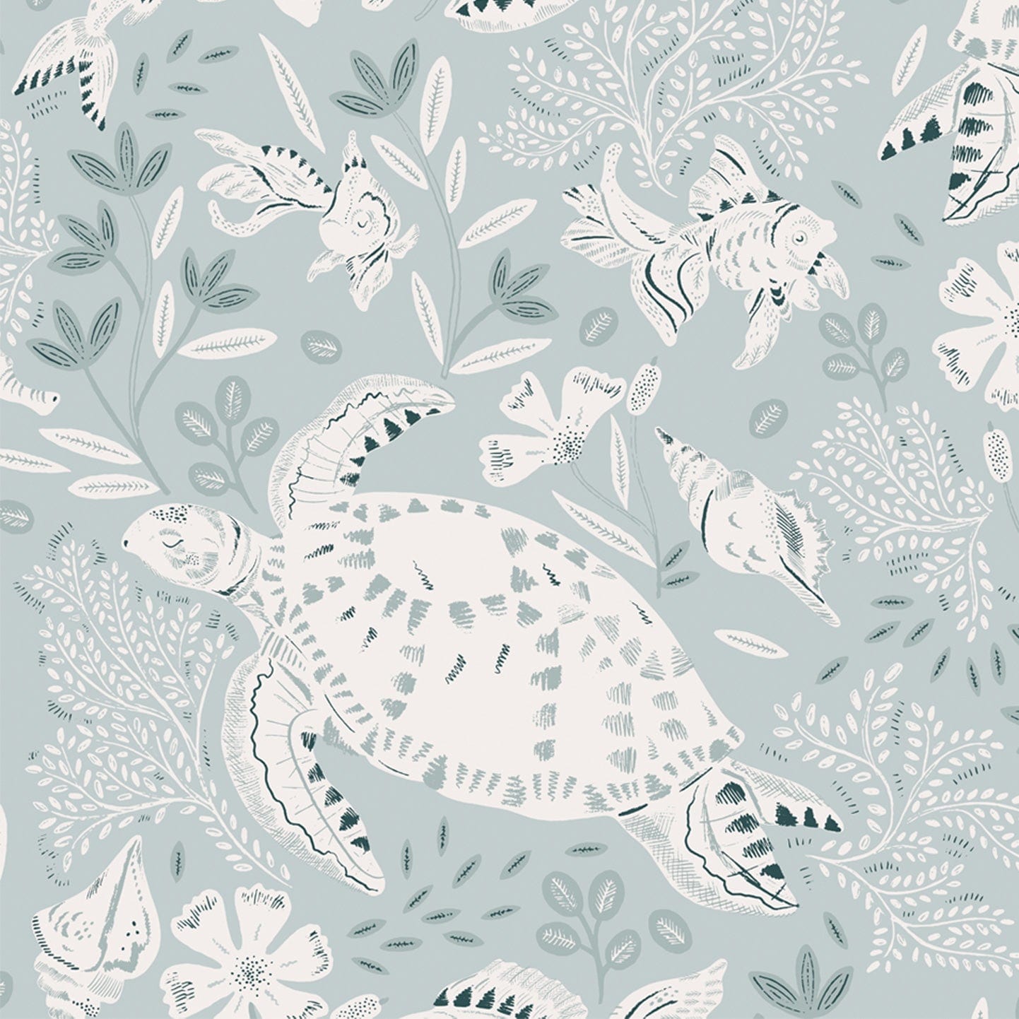 Ocean inspired wallpaper sample of a white swimming turtle, shells and fish with leaves and flowers. Blue background.