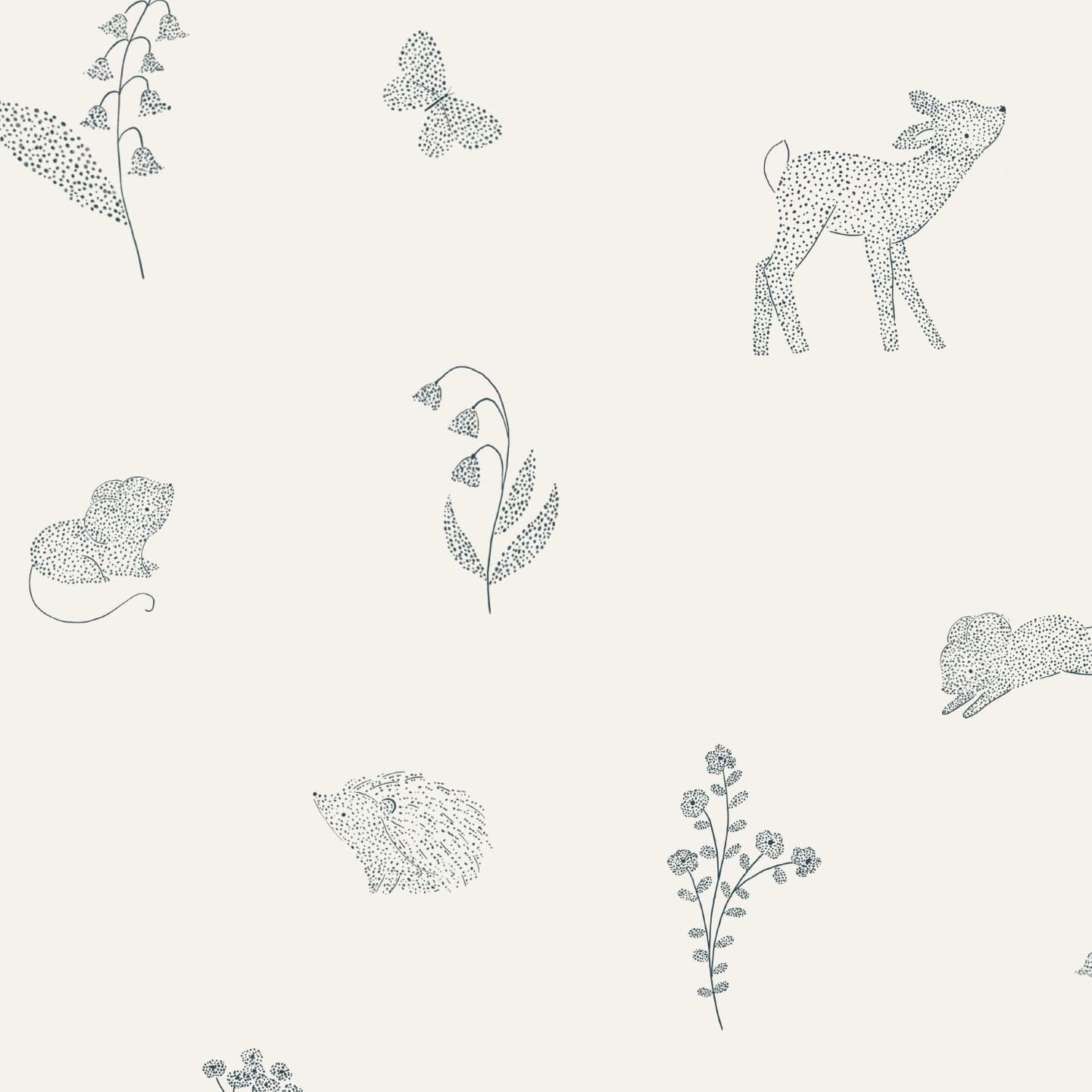 Wallpaper sample of a deer, hedgehog, mouse, butterfly and flowers all in dot work. Cream background.