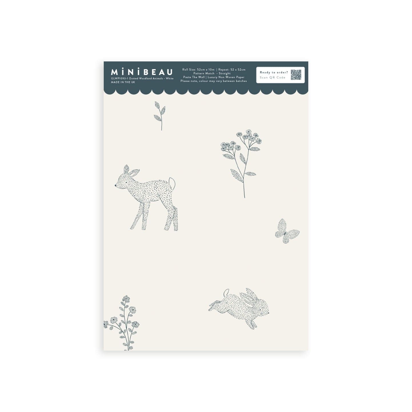 Wallpaper sample of a deer, hedgehog, mouse, butterfly and flowers all in dot work. Cream background.