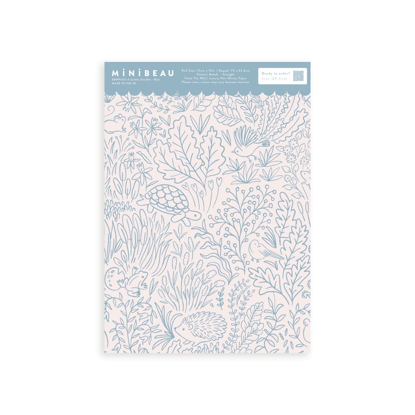 Wallpaper sample of blue line work animals and florals such as rabbits, hedgehogs, frogs, tortoise, mice and birds.