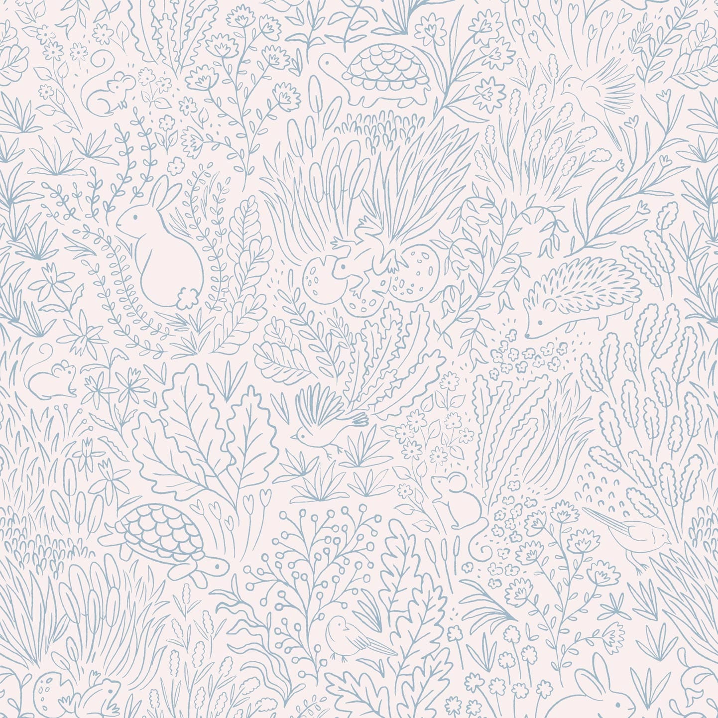 Wallpaper sample of blue line work animals and florals such as rabbits, hedgehogs, frogs, tortoise, mice and birds.