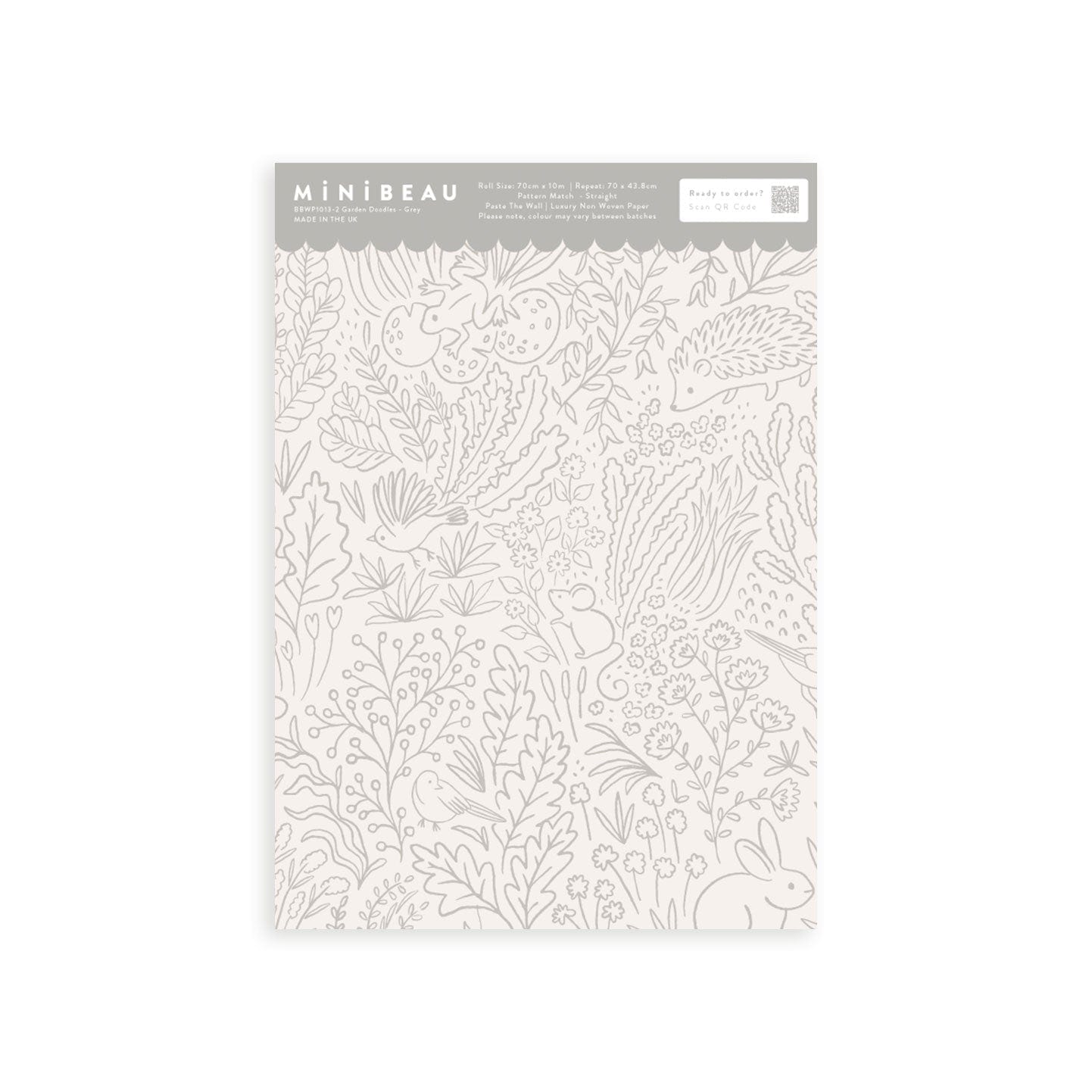 Wallpaper sample of Grey line work animals and florals such as rabbits, hedgehogs, frogs, tortoise, mice and birds.