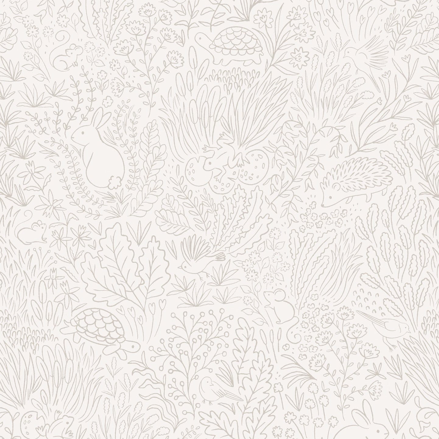 Wallpaper sample of Grey line work animals and florals such as rabbits, hedgehogs, frogs, tortoise, mice and birds.