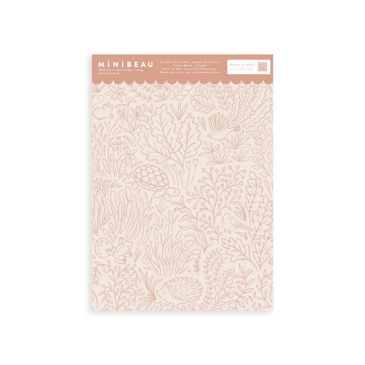 Wallpaper sample of orange line work animals and florals such as rabbits, hedgehogs, frogs, tortoise, mice and birds.