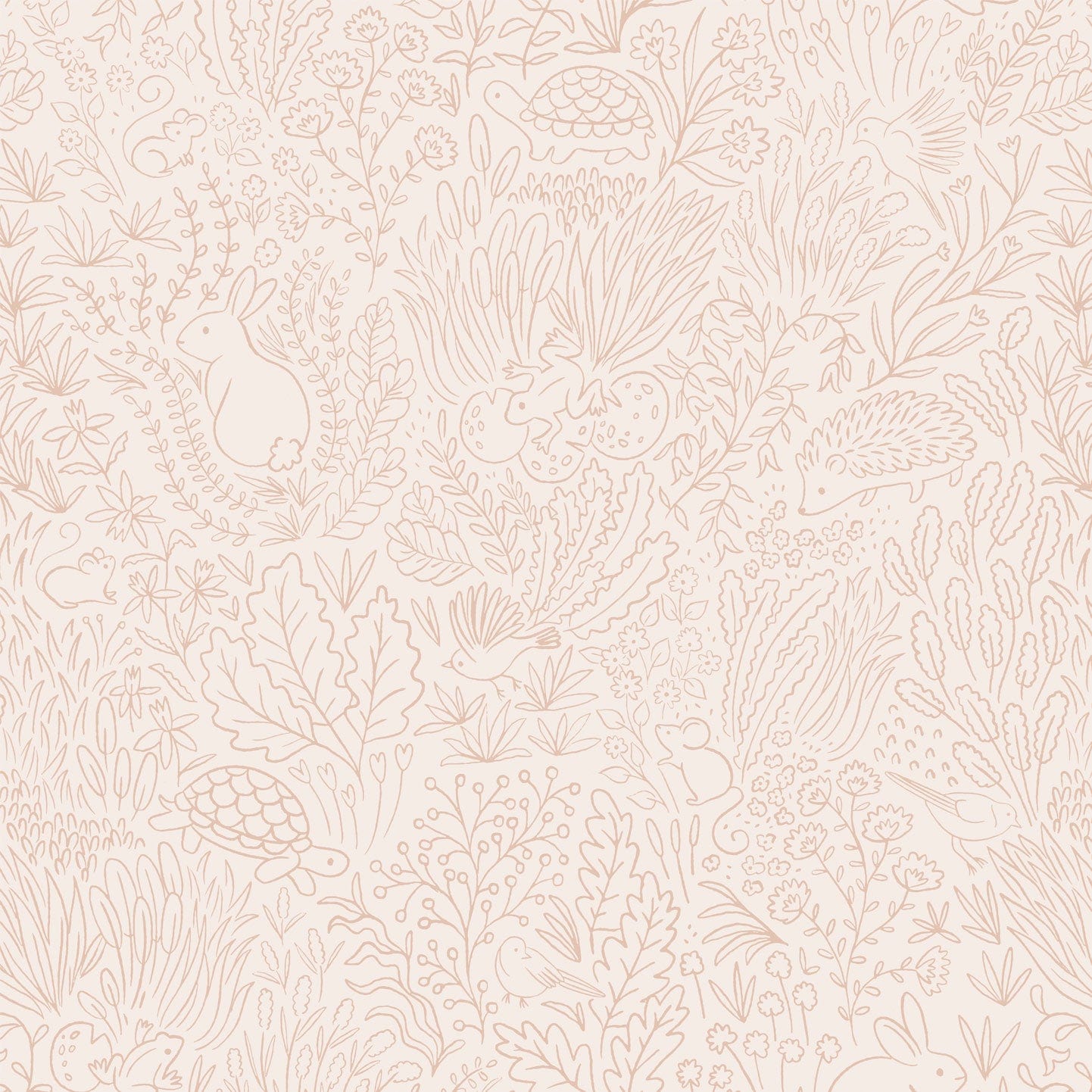 Wallpaper sample of Orange line work animals and florals such as rabbits, hedgehogs, frogs, tortoise, mice and birds.