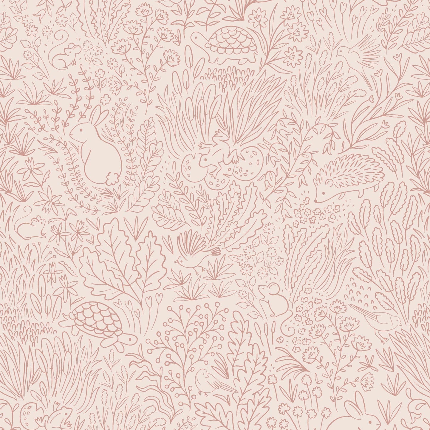 Wallpaper sample of pink line work animals and florals such as rabbits, hedgehogs, frogs, tortoise, mice and birds.