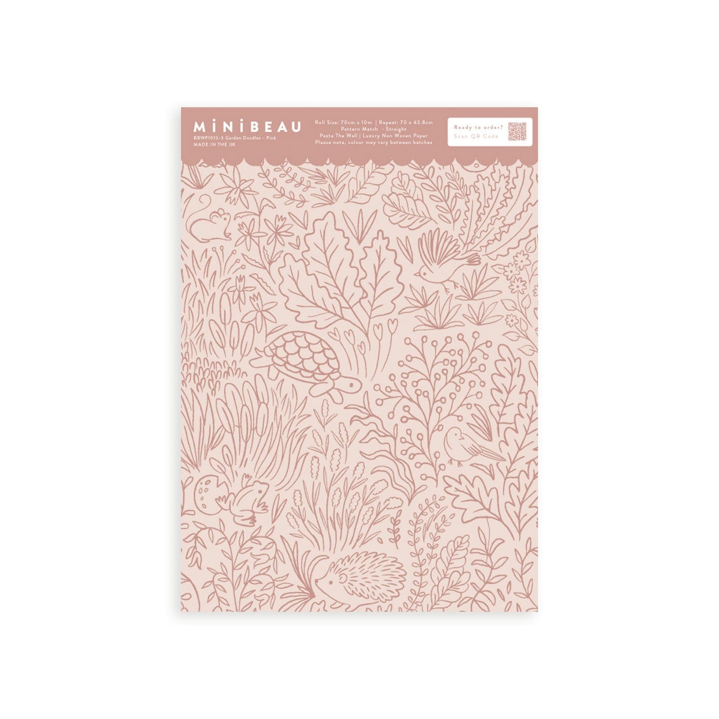 Wallpaper sample of pink line work animals and florals such as rabbits, hedgehogs, frogs, tortoise, mice and birds.