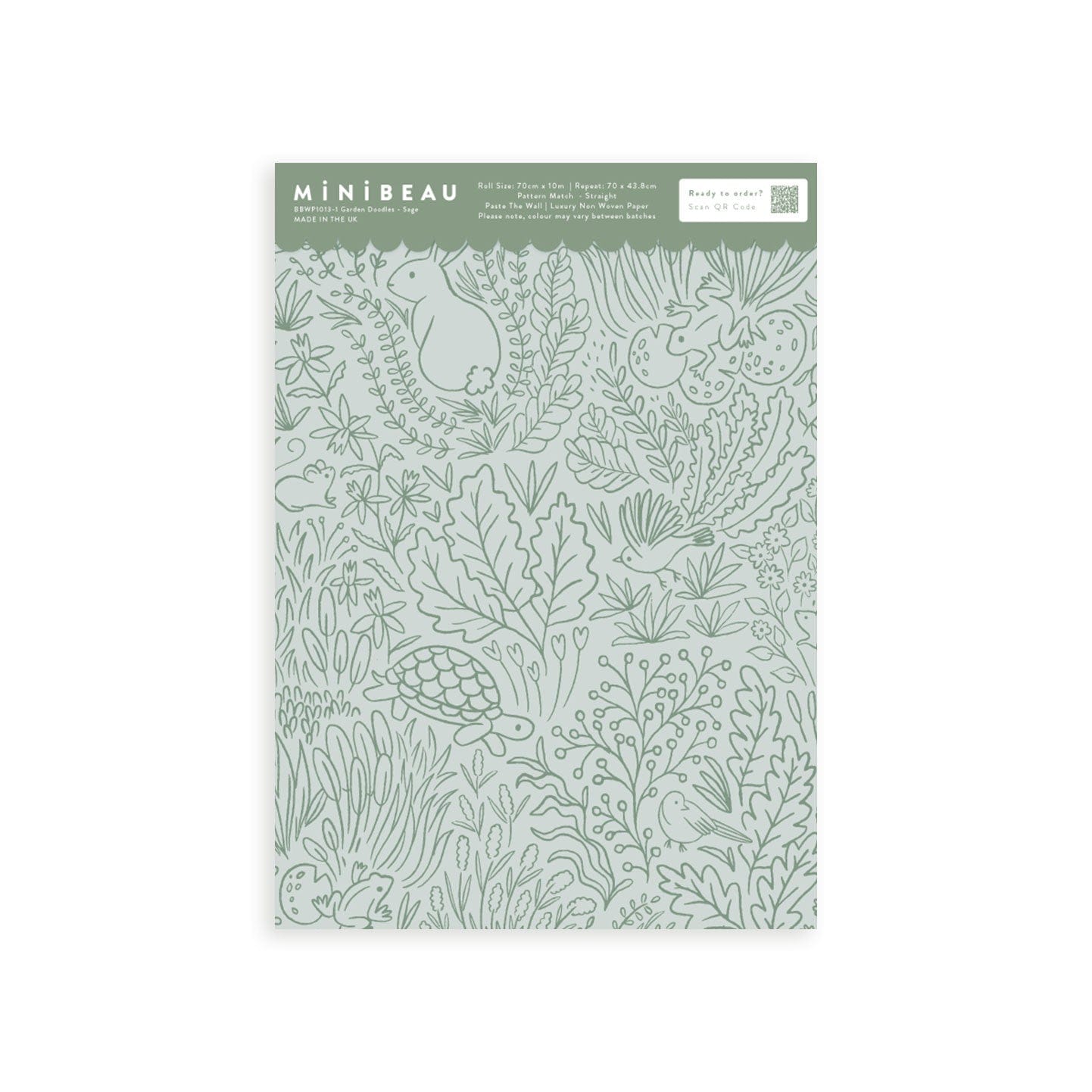 Wallpaper sample of sage green line work animals and florals such as rabbits, hedgehogs, frogs, tortoise, mice and birds.