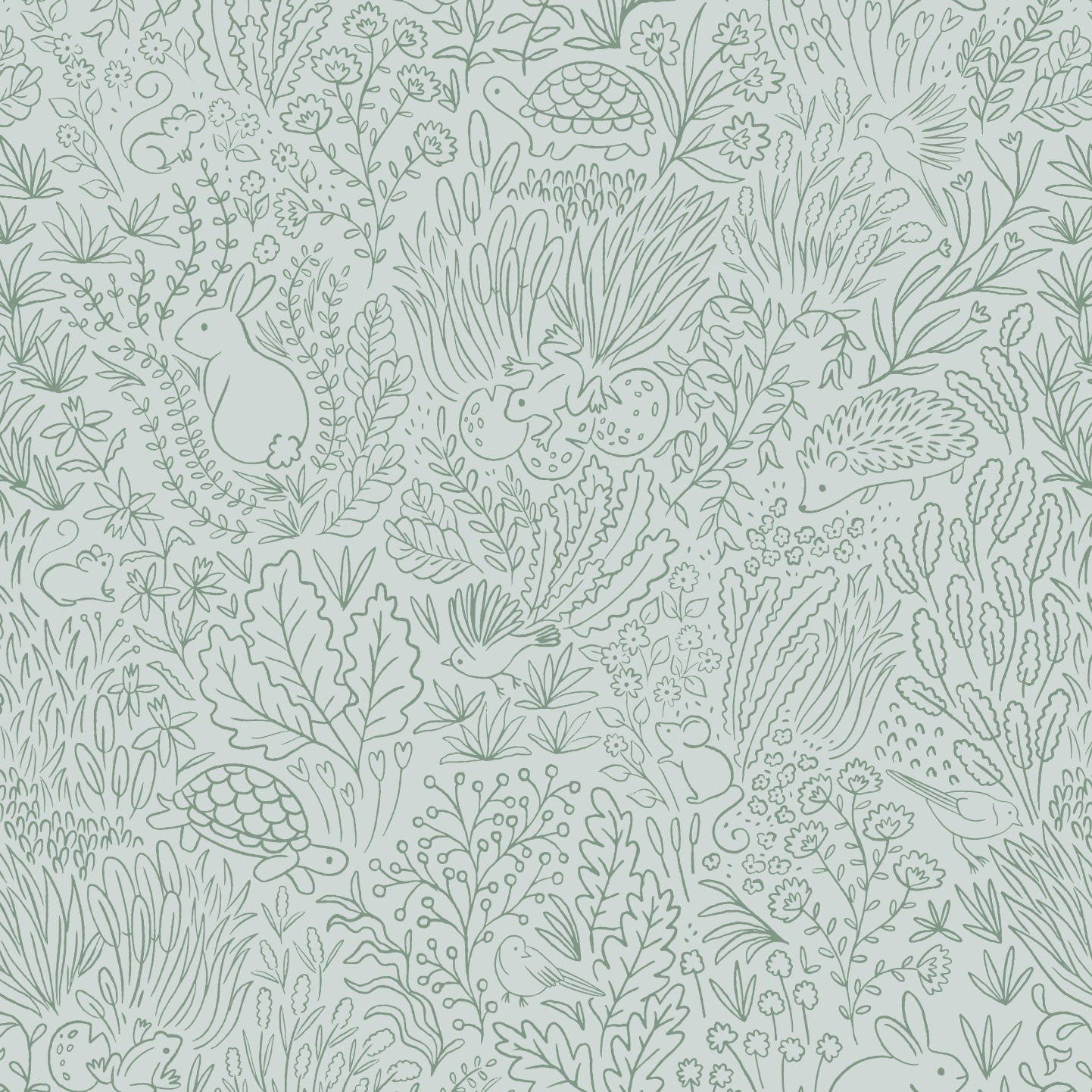 Wallpaper sample of sage green line work animals and florals such as rabbits, hedgehogs, frogs, tortoise, mice and birds.