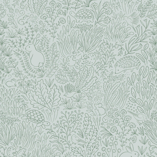 Wallpaper sample of sage green line work animals and florals such as rabbits, hedgehogs, frogs, tortoise, mice and birds.