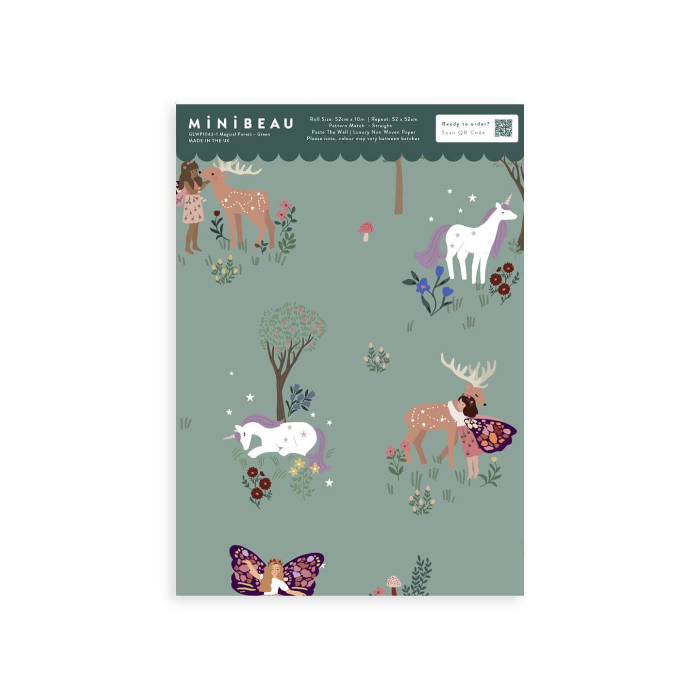Wallpaper sample of a magical forest with white and purple unicorns, red and white toadstools, brown deers and delicate fairies. Flowers and trees.
