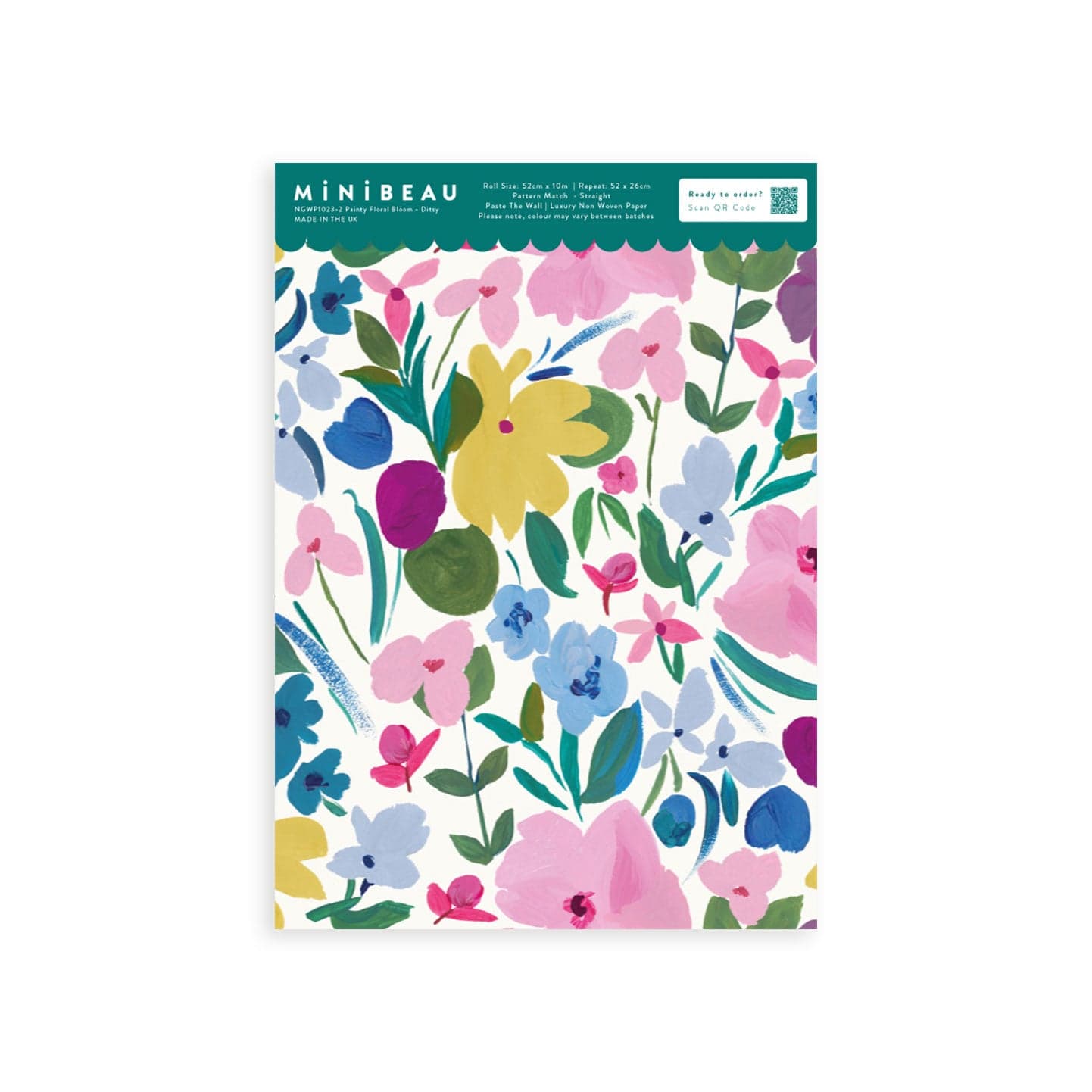 Wallpaper sample of flowers in yellow, pink, blue and fuchsia with green stalks and leaves.