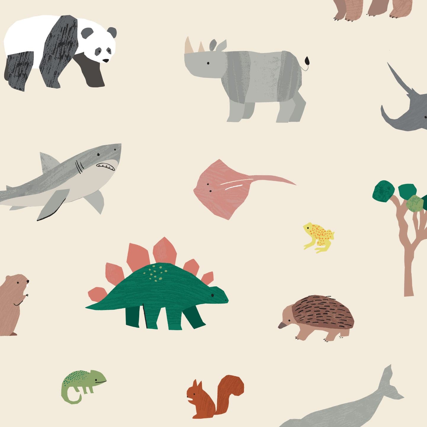 Wallpaper sample of multiple animals such as Pandas, Rhinos, Sharks, Dinosaurs, Squirrels, Frogs, Manta rays, Bears, Chameleons and trees with a cream background.