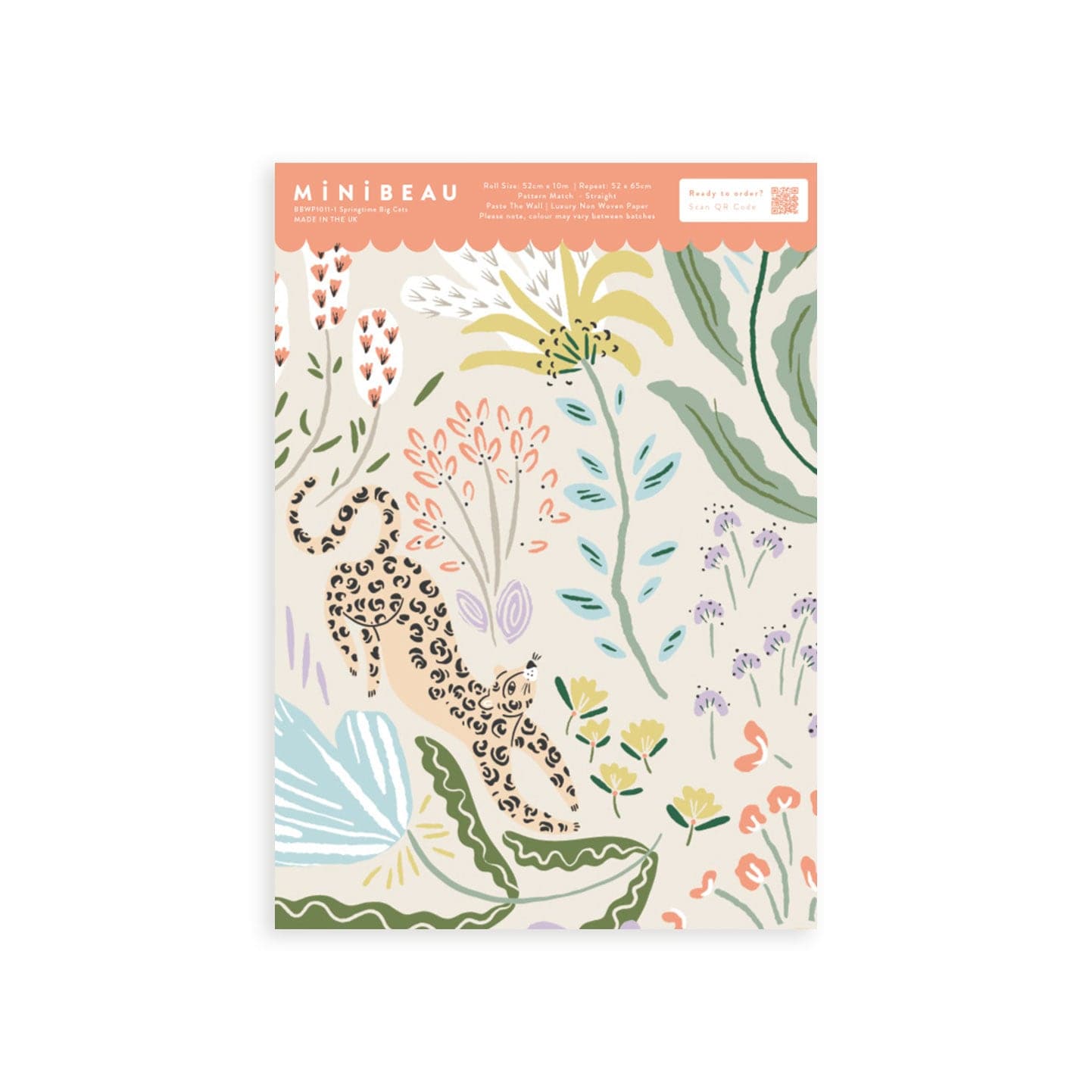 Wallpaper sample of leopards and tigers surrounded by pastel flowers and exotic green leaves.