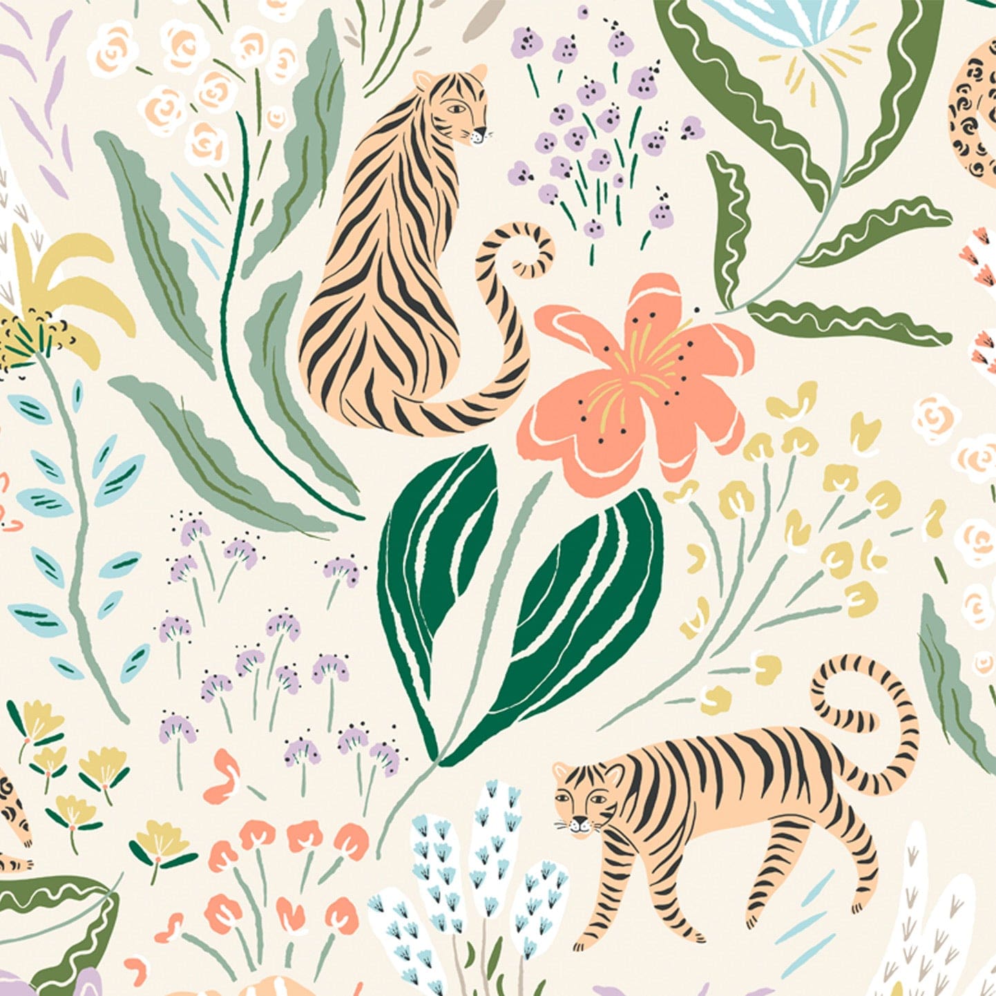 Wallpaper sample of leopards and tigers surrounded by pastel flowers and exotic green leaves.