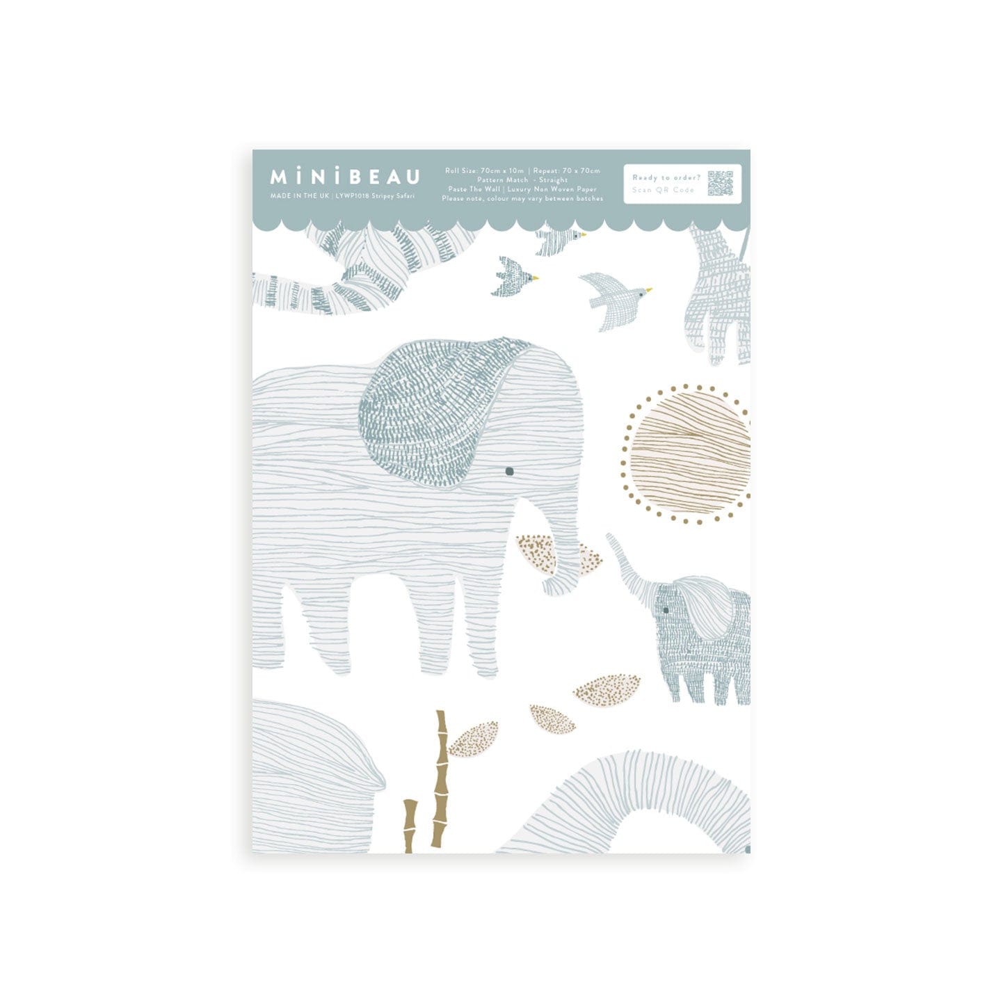 Wallpaper sample of delicate line work animals in blue such as mummy and baby elephants, mummy and baby pandas and mummy and baby koalas with neutral beige detailing.