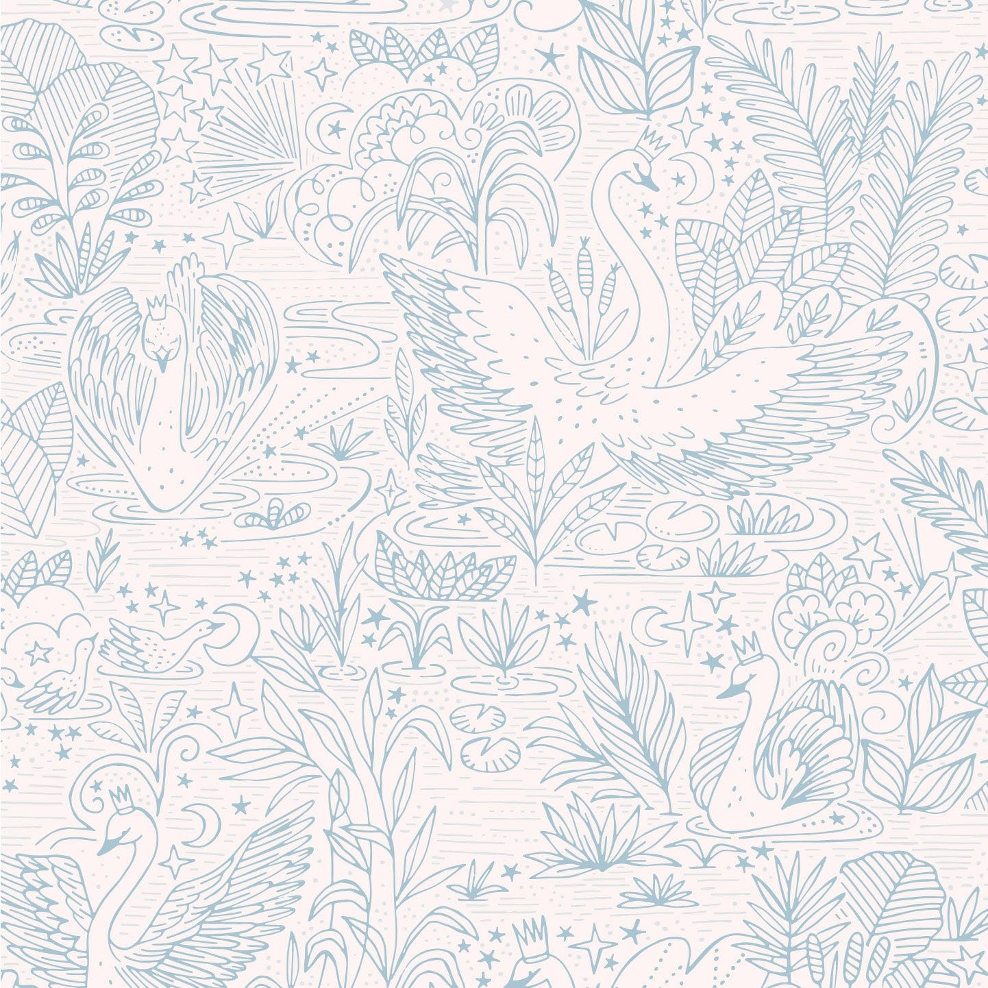 Wallpaper sample of very detailed floral print with swans gliding across a lake, flowers and leaves surround them. The print is line work and is all in blue