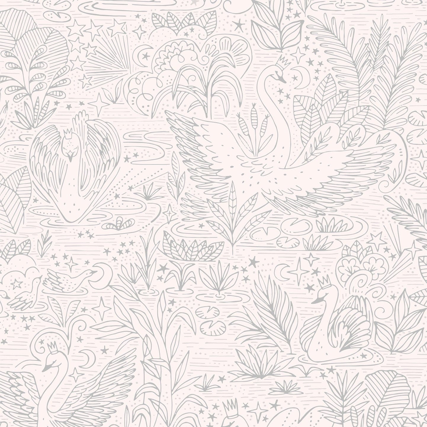 Wallpaper sample of very detailed floral print with swans gliding across a lake, flowers and leaves surround them. The print is line work and is all in grey