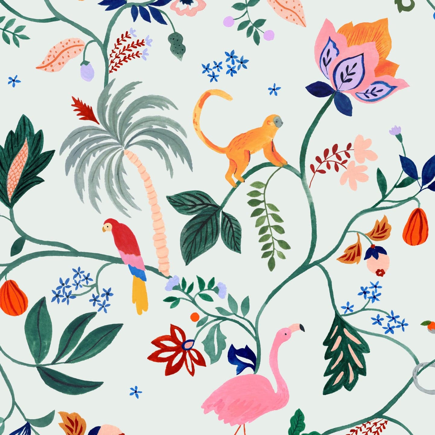 Wallpaper sample of Utopia menagerie in blue. Bright colourful animals sitting atop of exotic trees and leaves. Monkeys, Parrots, Flamingos.