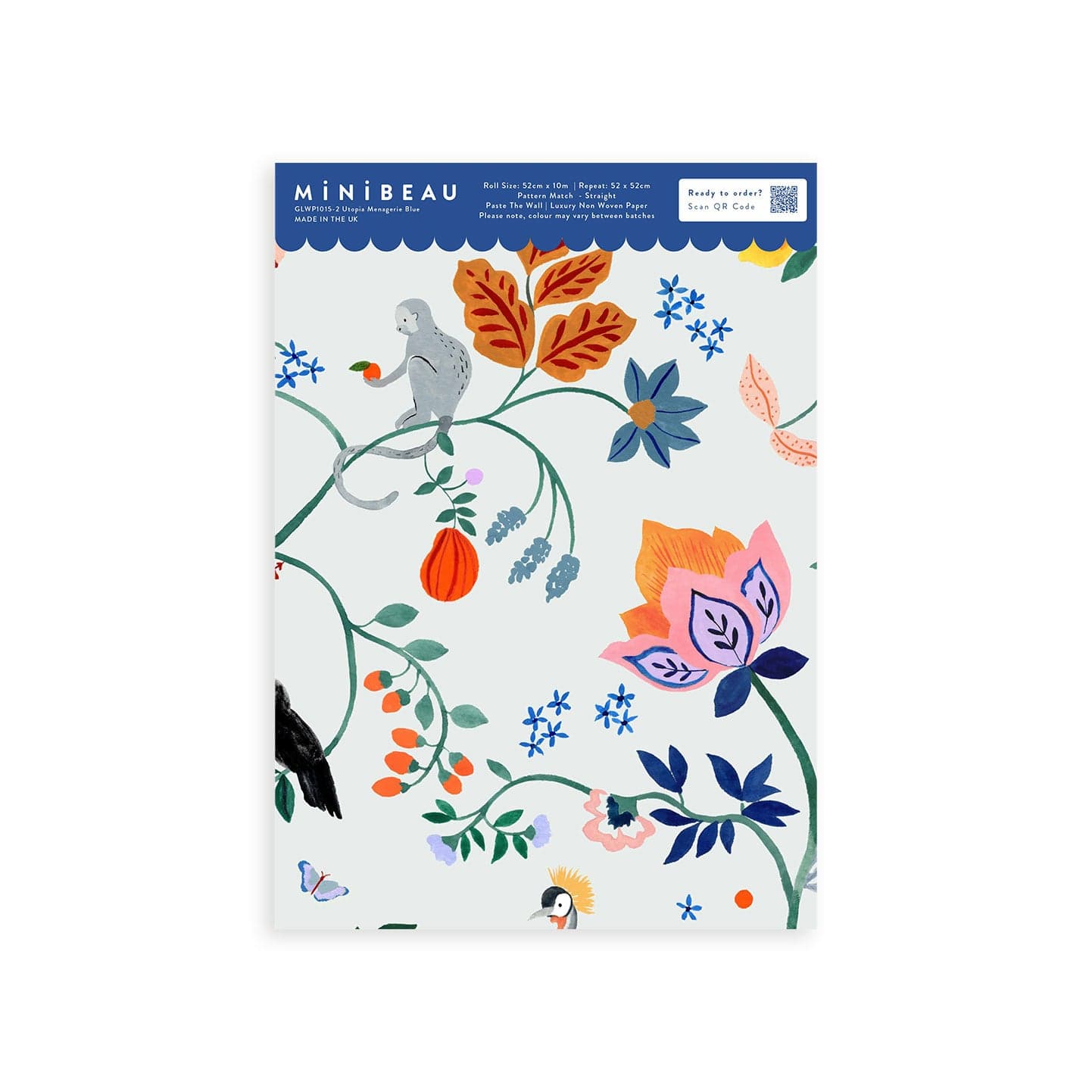 Wallpaper sample of Utopia menagerie in blue. Bright colourful animals sitting atop of exotic trees and leaves. Monkeys, Parrots, Flamingos.