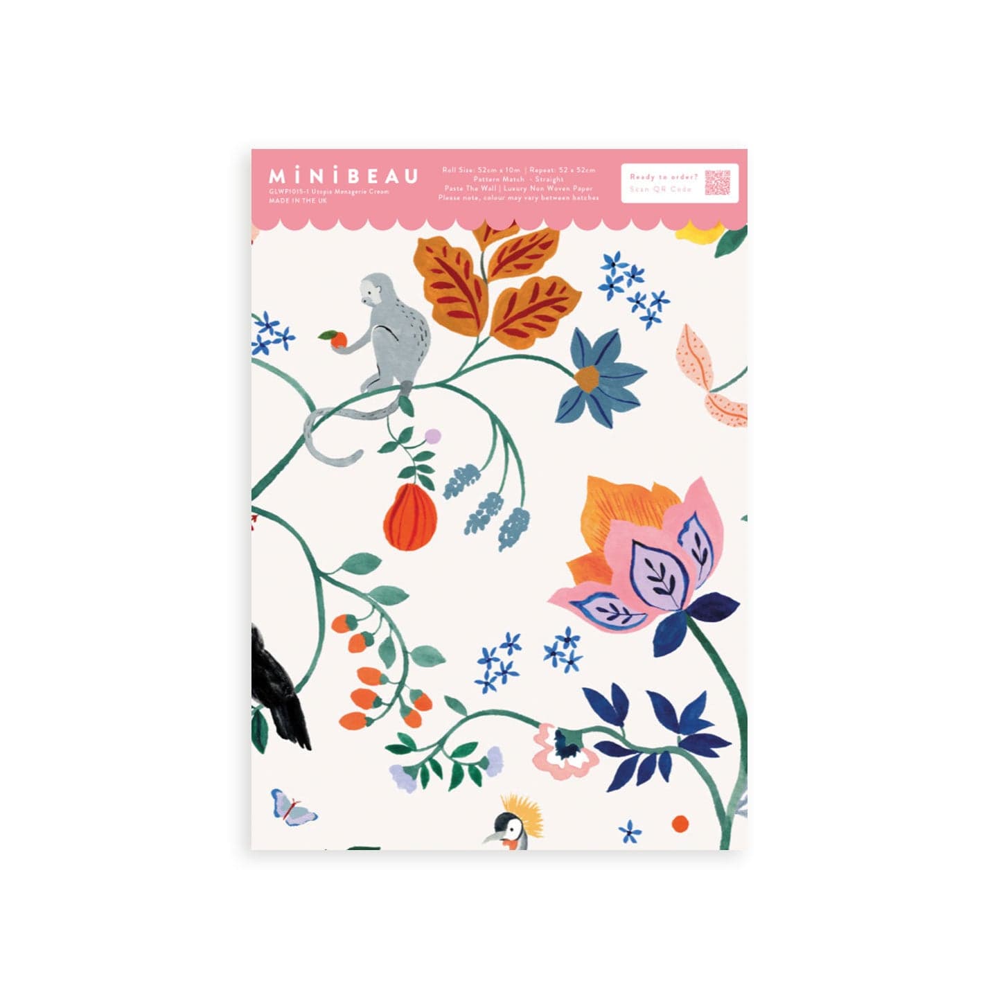 Wallpaper sample of Utopia menagerie in cream. Bright colourful animals sitting atop of exotic trees and leaves. Monkeys, Parrots, Flamingos.