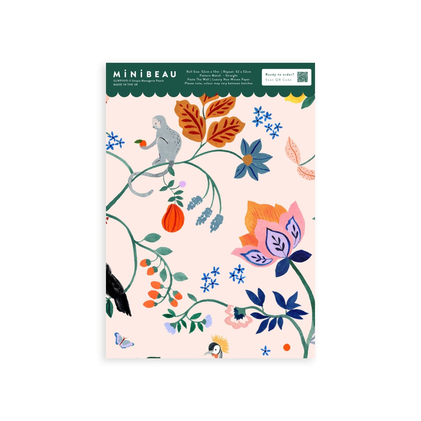Wallpaper sample of Utopia menagerie in peach. Bright colourful animals sitting atop of exotic trees and leaves. Monkeys, Parrots, Flamingos.