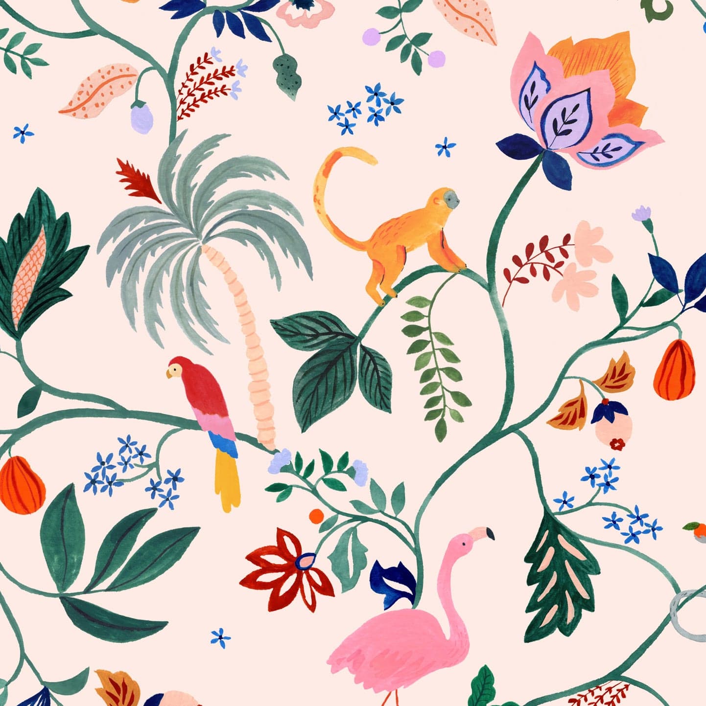 Wallpaper sample of Utopia menagerie in peach. Bright colourful animals sitting atop of exotic trees and leaves. Monkeys, Parrots, Flamingos.